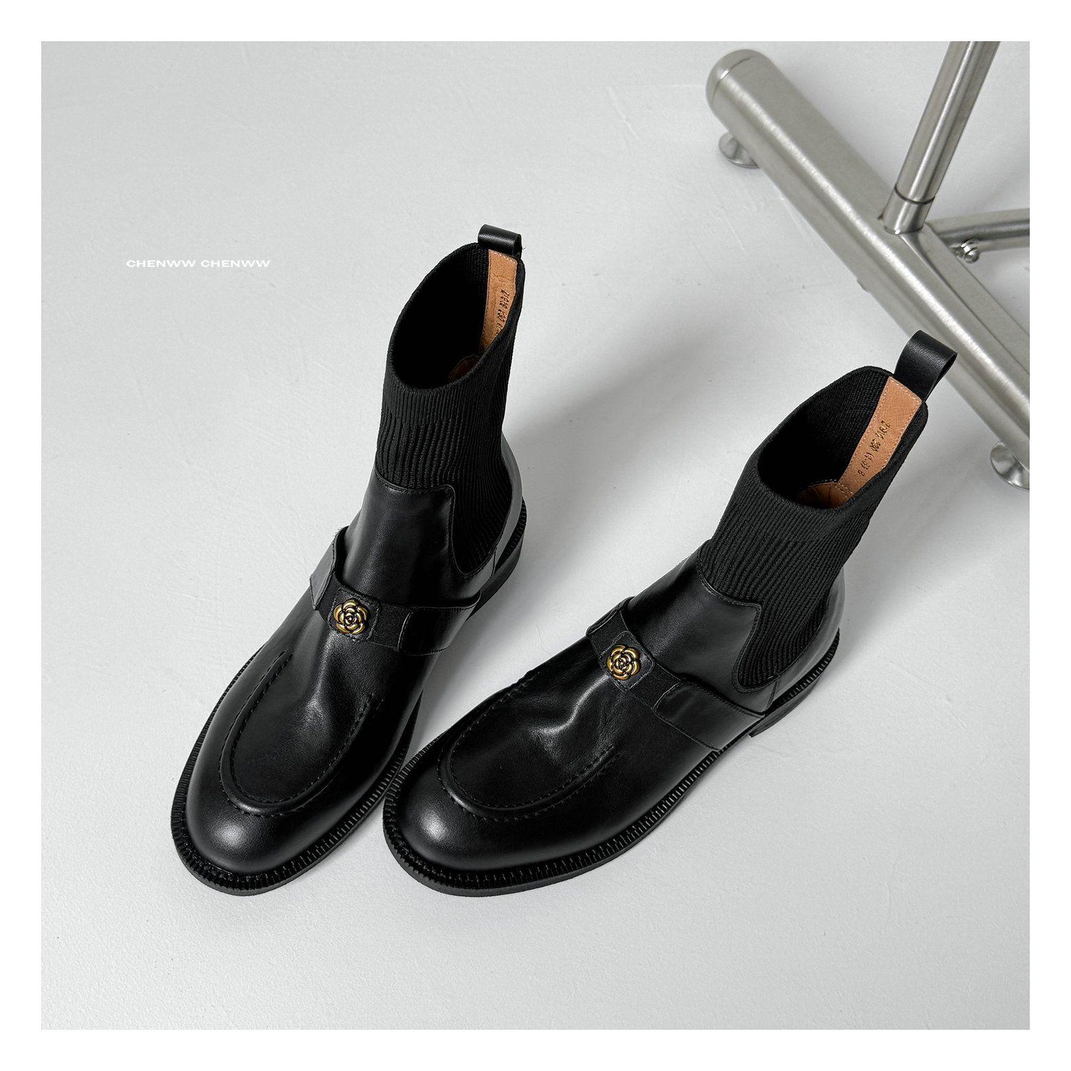 【CHENWW】小香风山茶花低跟方头袜靴弹力靴潮流英伦风圆头休闲女靴