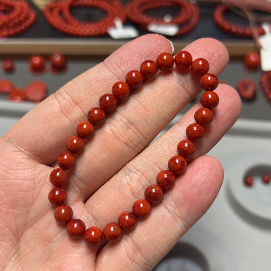 南红玛瑙未镶嵌手串柿子红虎皮火焰约6.5mm