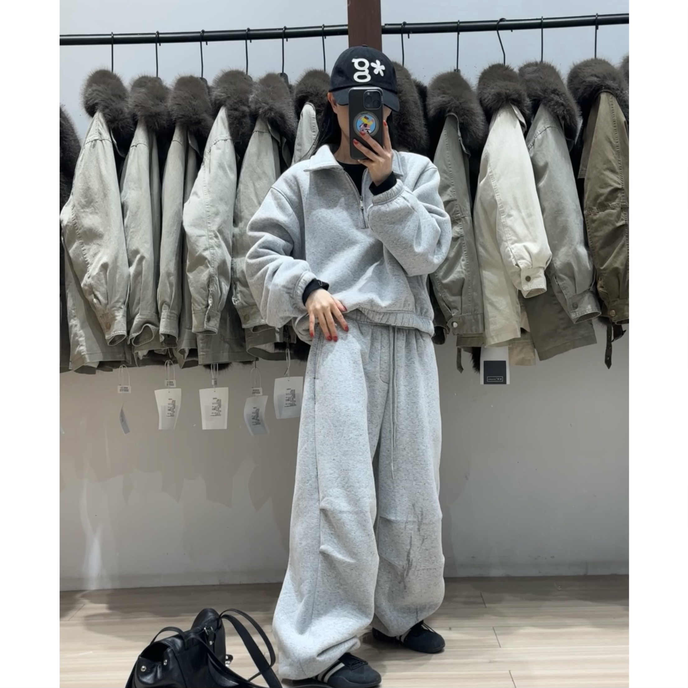 休闲街区～加厚绒休闲运动套装立领半拉链卫衣松紧腰阔腿裤两件套