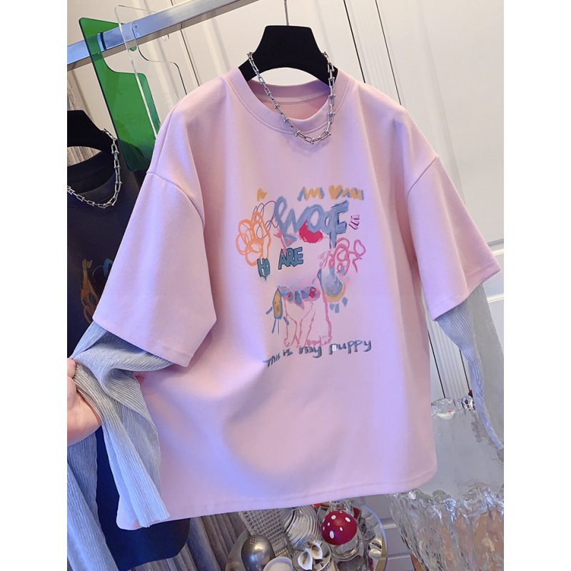 超好看小众洋气涂鸦假两件网纱长袖T恤宽松上衣女装2025春季新款