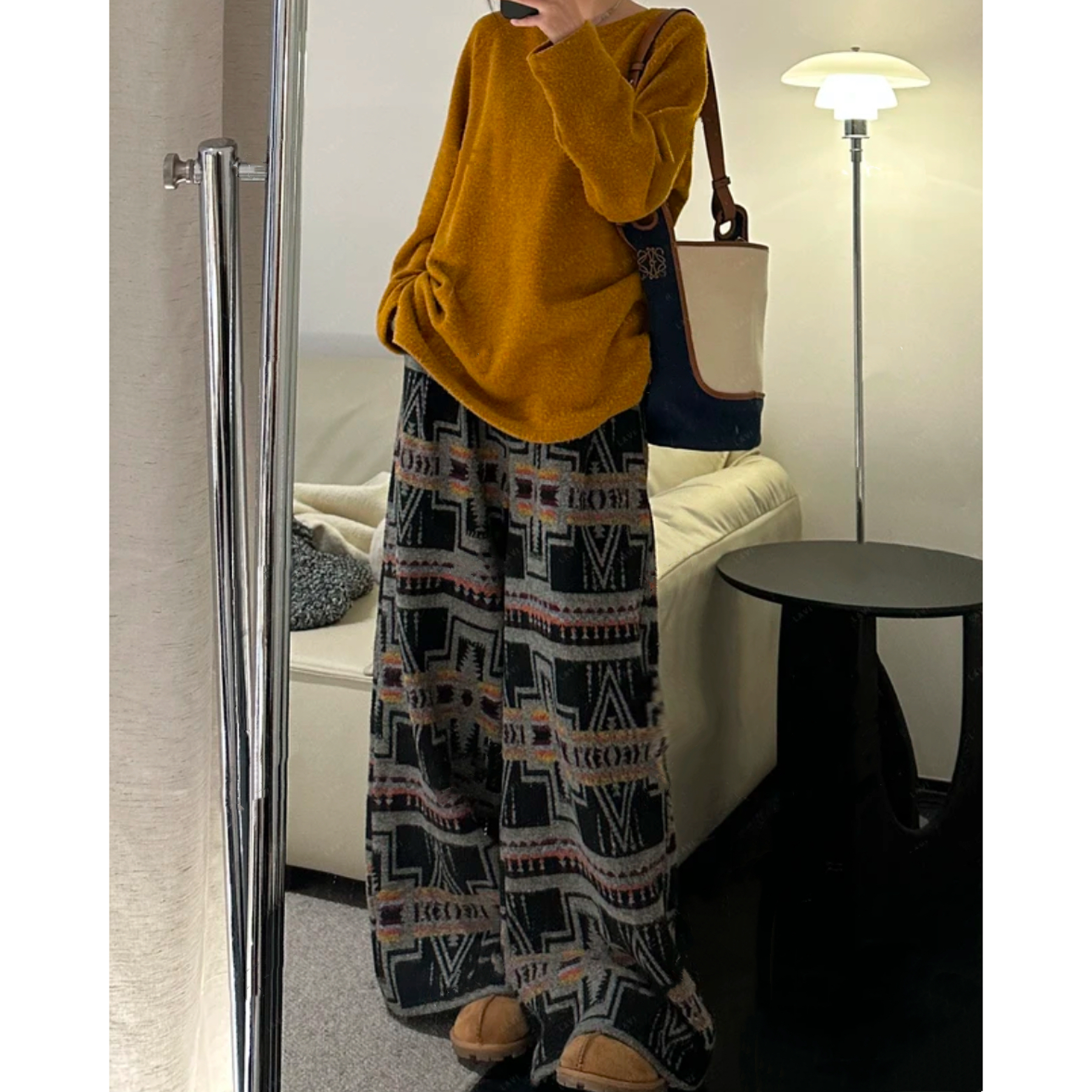 2025早春【黑色提花 几何图案】高品质毛呢 宽松慵懒阔腿裤休闲裤