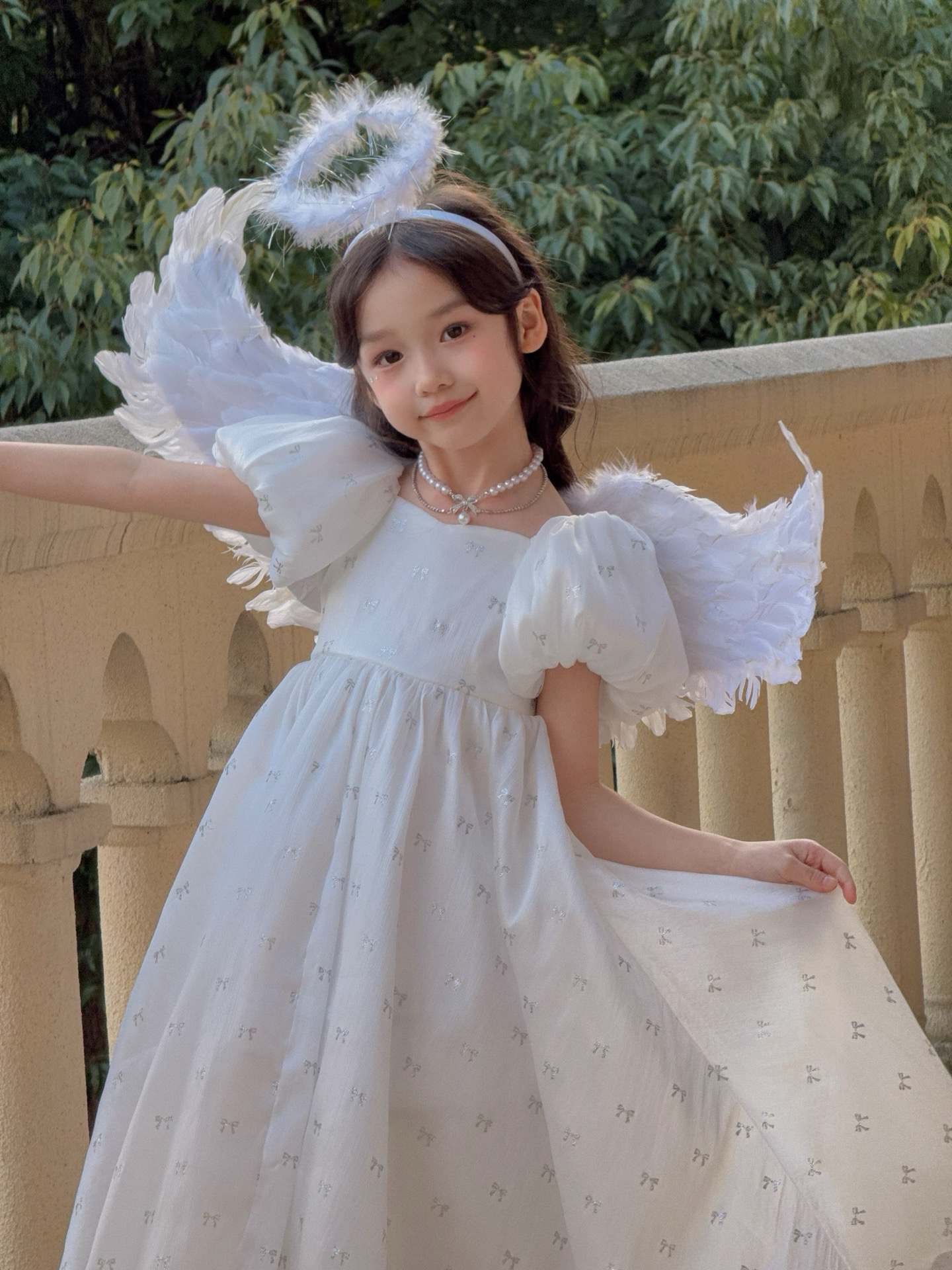 YFY夏女童纯白色连衣裙礼服蓬蓬裙白色泡泡袖纱公主裙子生日六一