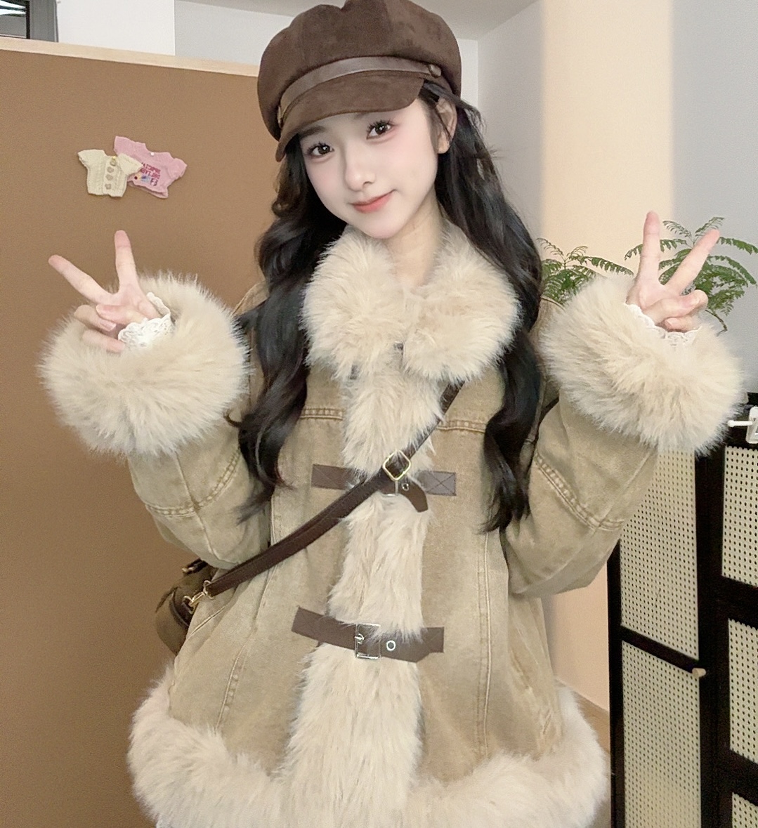 韩系毛毛领名媛牛仔羽绒外套女冬季加厚保暖皮草百搭秋冬