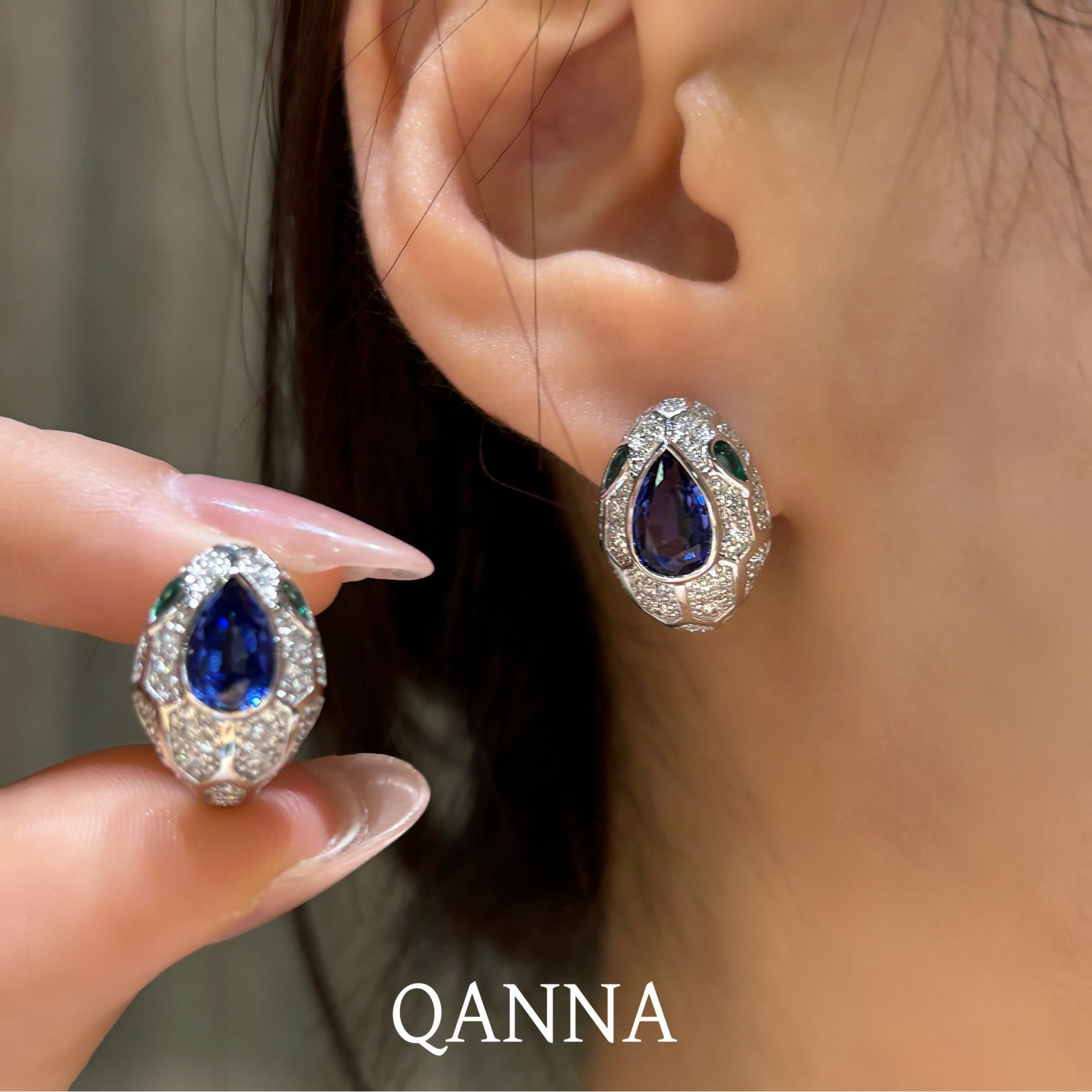 QANNA【满钻灵蛇】【蓝眼睛】欧美风奢华晚宴款欧美风豪华钻石耳扣AY