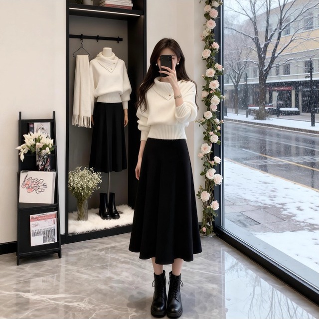 法式气质高翻领针织毛衣套装女秋冬高腰显瘦百搭半身裙时尚两件套