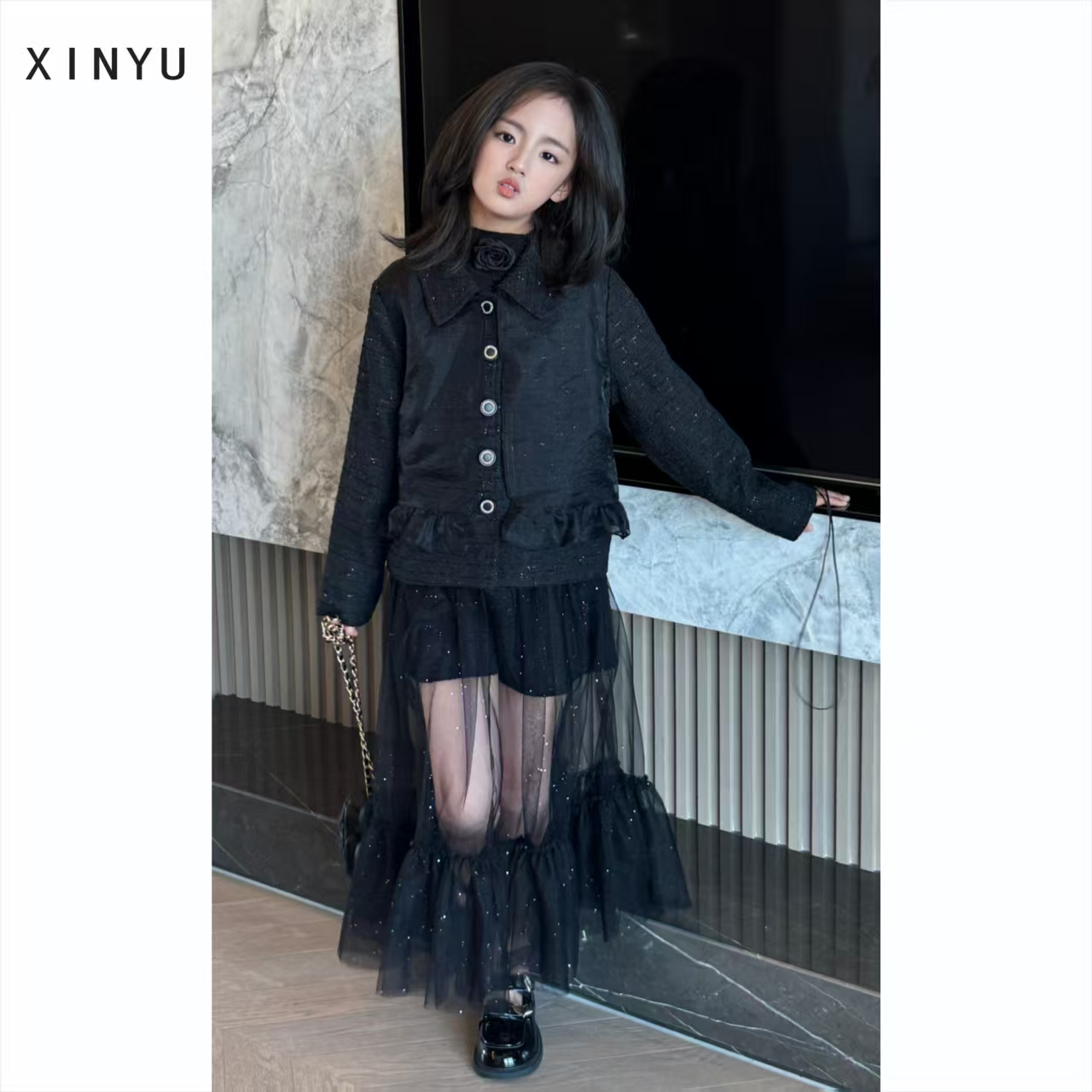 【XINYU馨语】女童小香风常规韩版春秋黑网纱半身裙套装