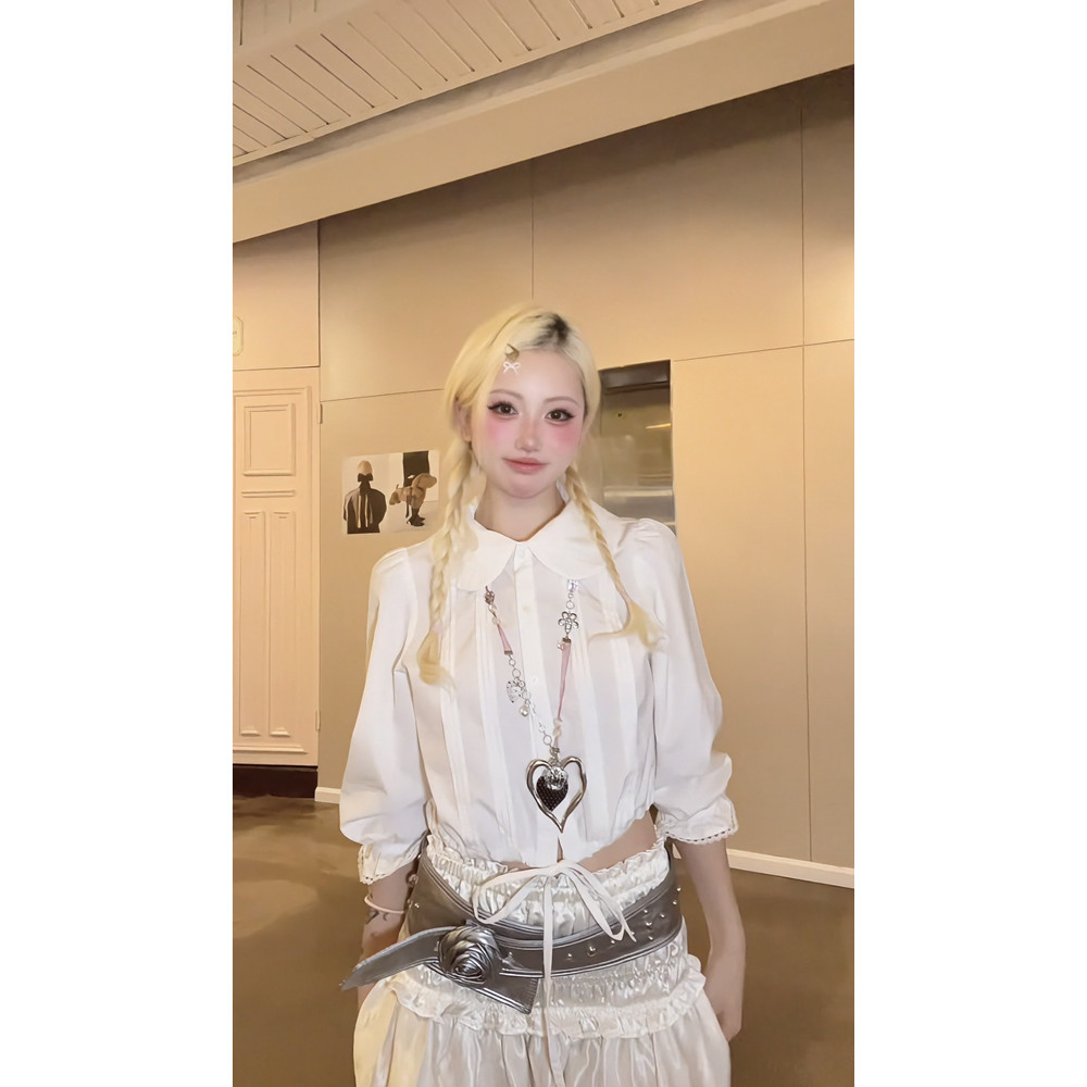 白色褶皱长袖衬衫女早秋薄款 韩系百搭通勤设计感气质小众法式