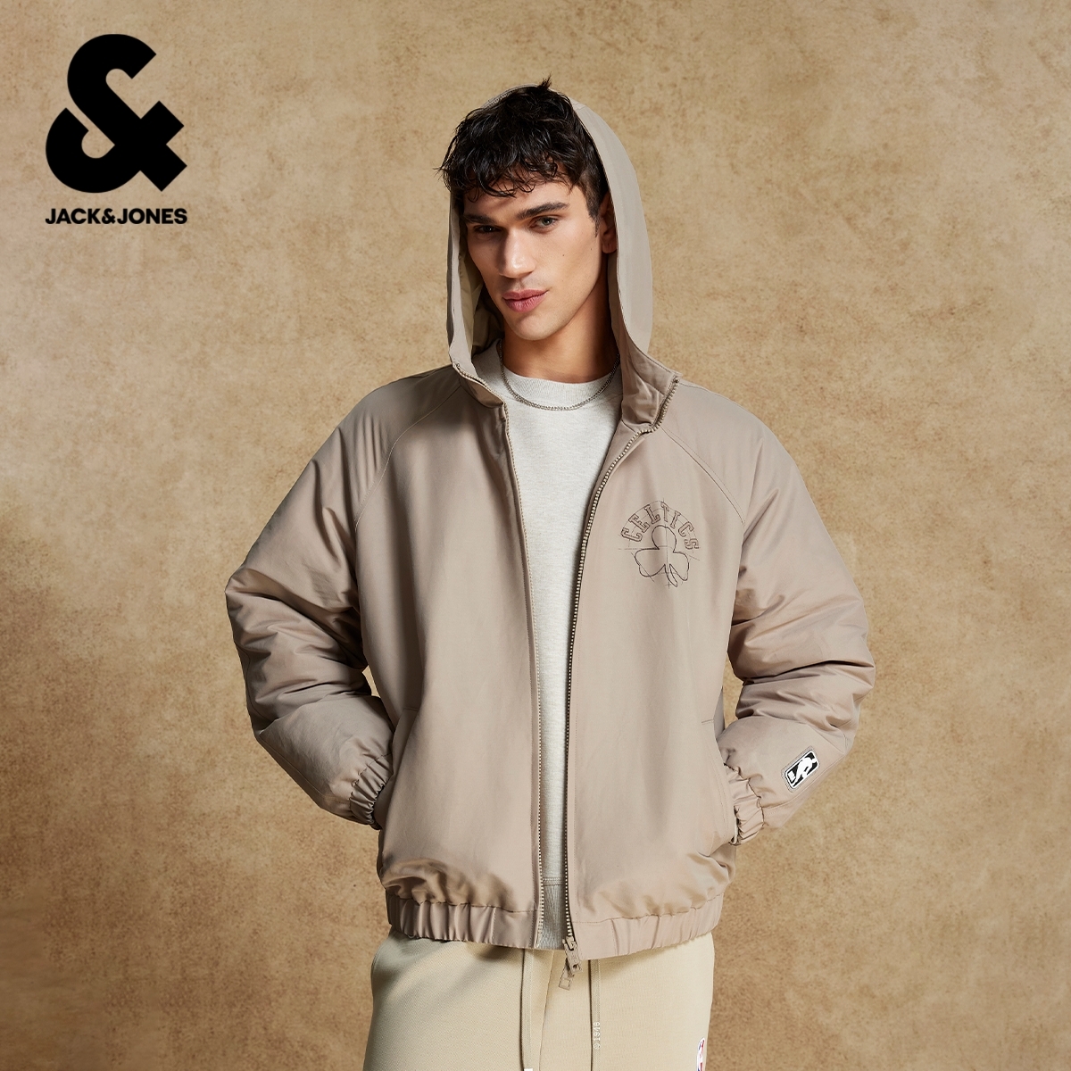 杰克琼斯春季宽松男装棉衣外套连帽NBA联名波士顿凯尔特人球队