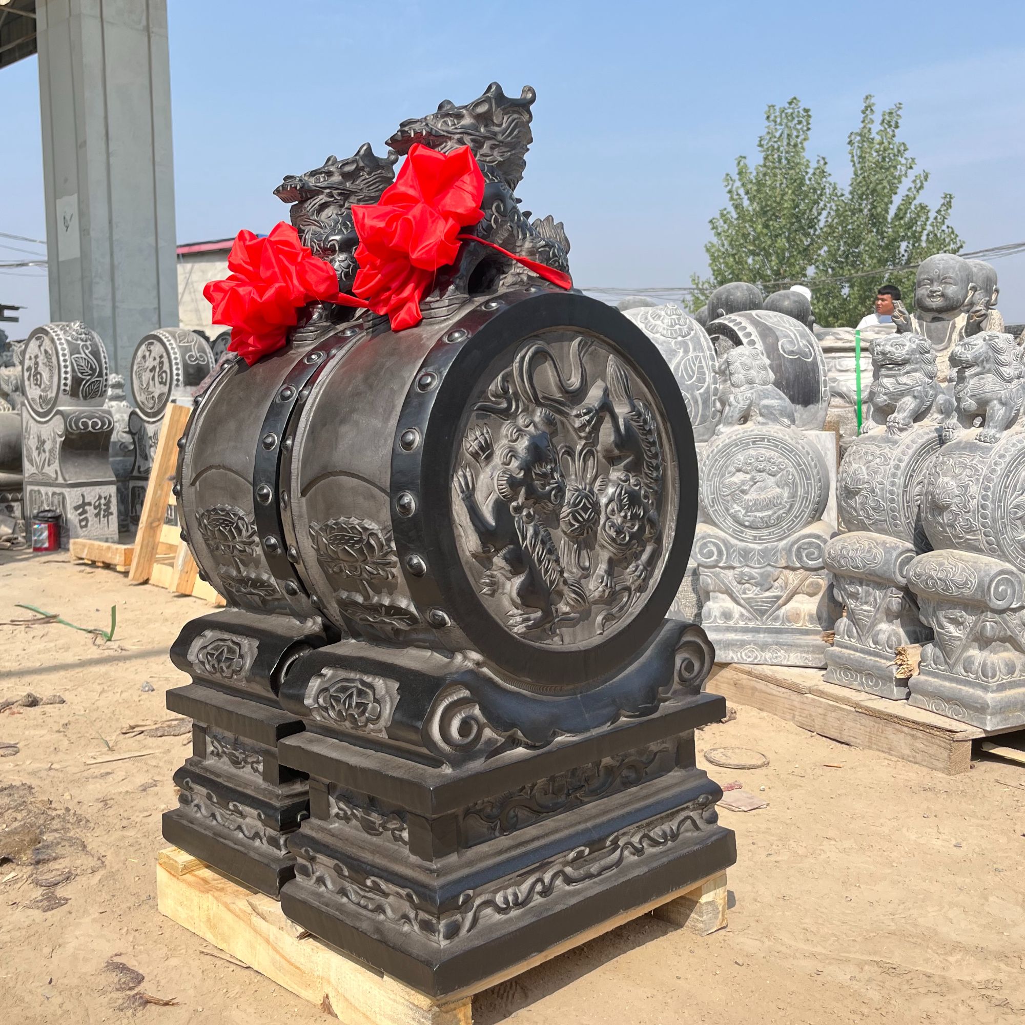 石雕麒麟门墩青石仿古做旧抱鼓石一对家用门口门鼓石墩门当摆件