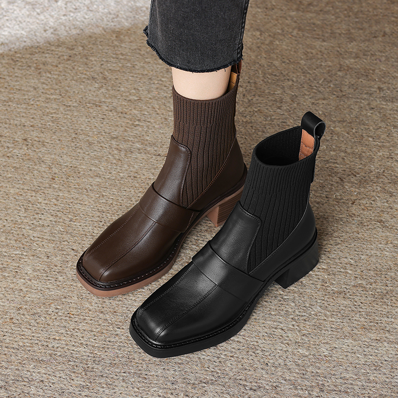 跟高5cm/34-40单绒/时尚简约气质日常方头粗跟针织袜靴百搭短靴