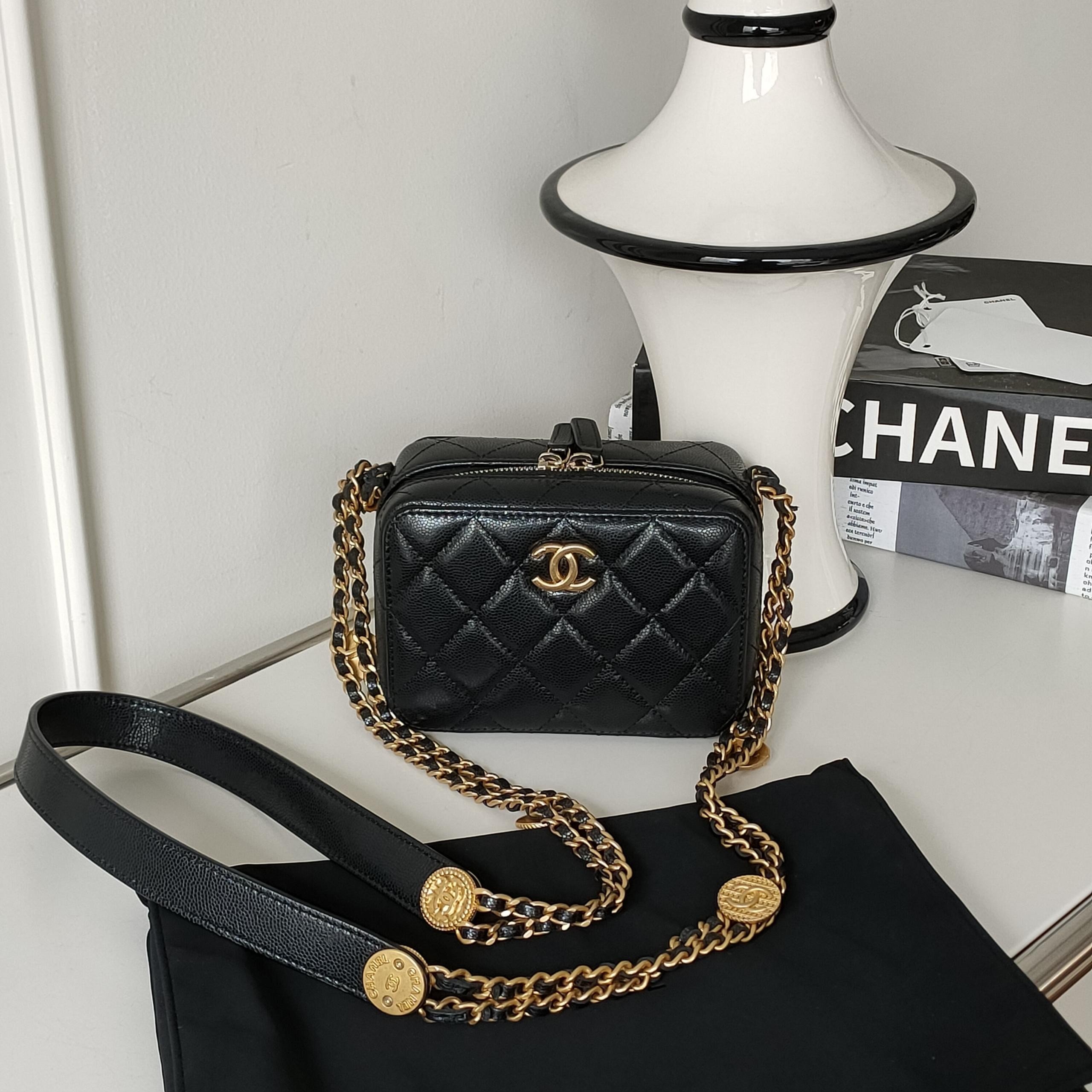 99新 Chanel/香奈儿 Azul-22A黑金荔枝纹牛皮金币相机斜挎包38155