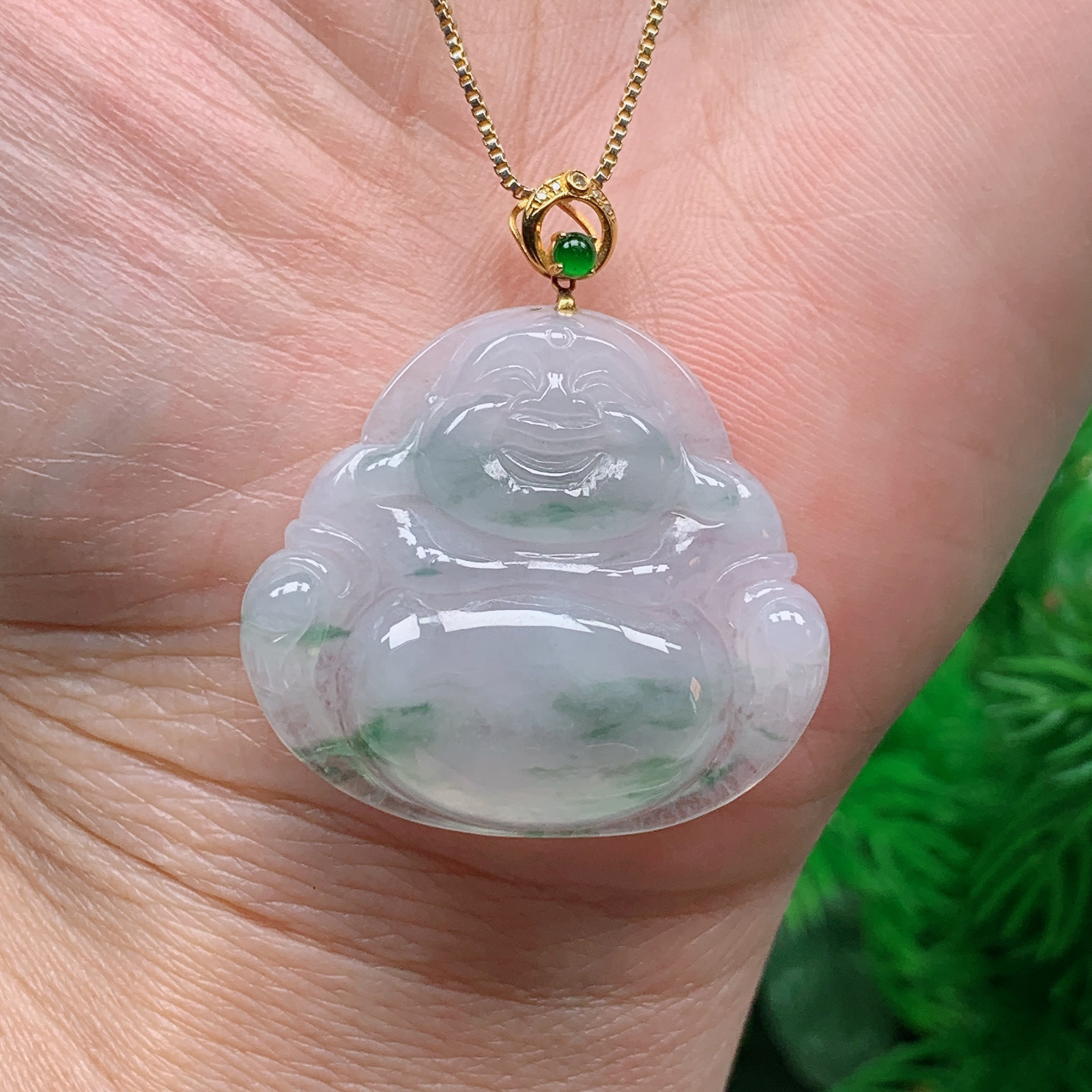 缅甸天然翡翠A货 18k金镶冰润飘花佛公36尺寸28.8x32.1x5.9