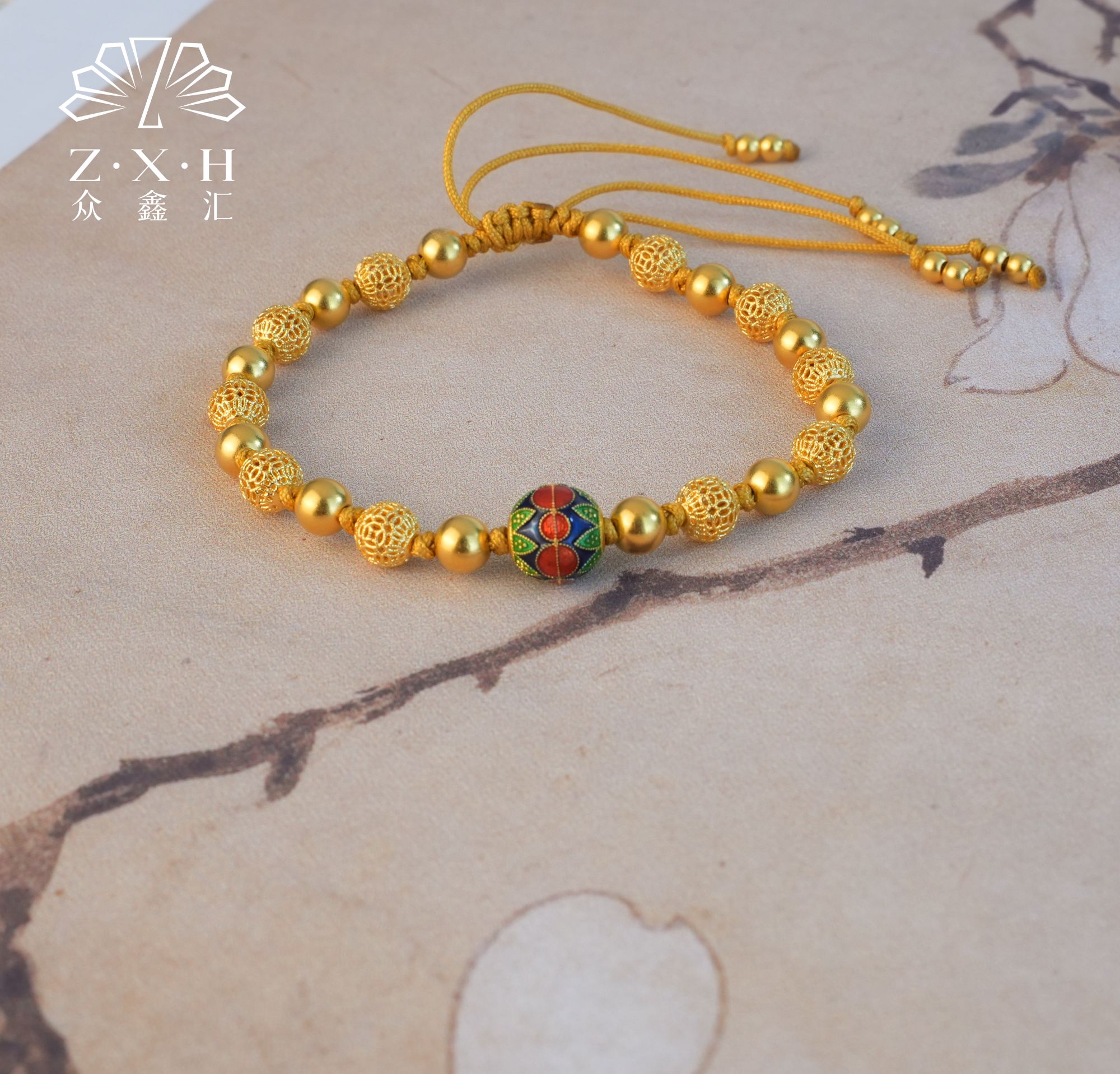  {众鑫汇}足金999  古法花丝转运珠编织调节手串