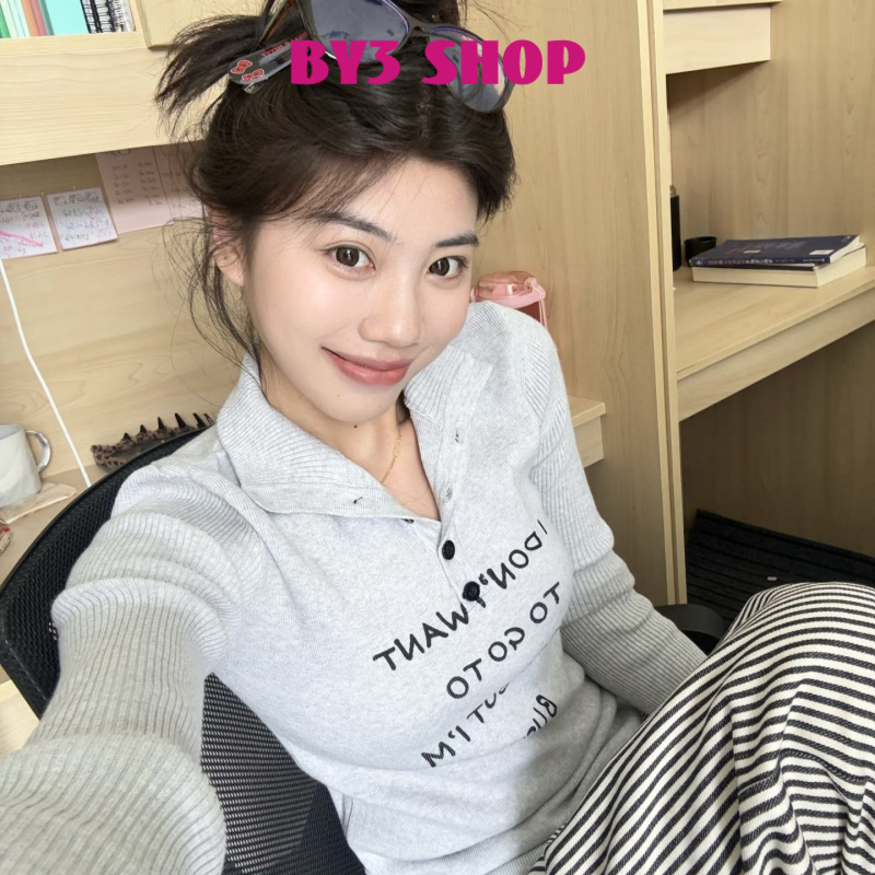 【BY3 SHOP】灰色慵懒风早秋穿搭毛衣长袖针织衫女高级韩系软糯修身