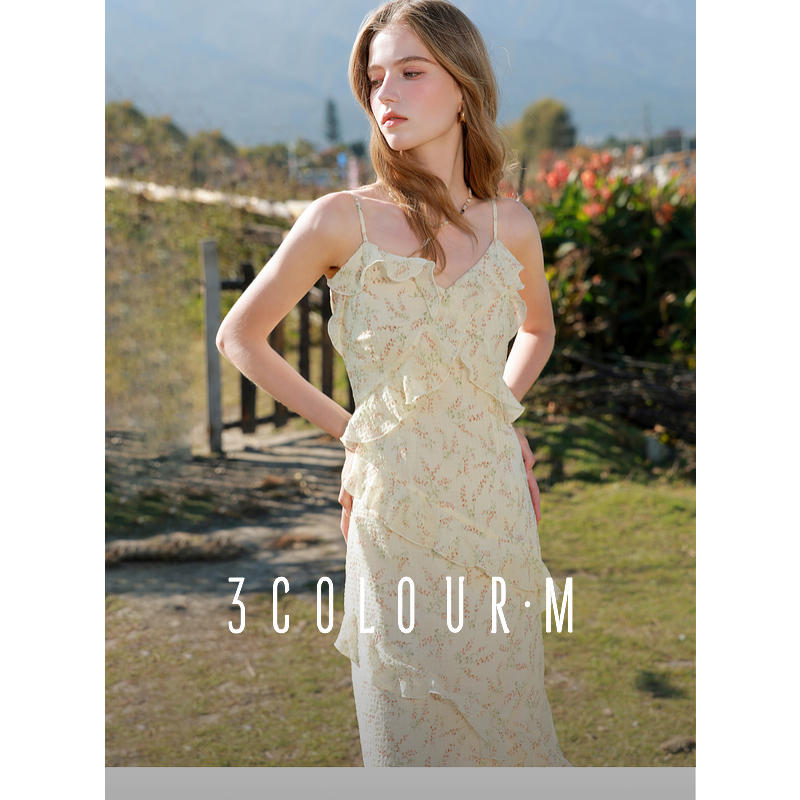【陈大可专属】三彩2025春季新款吊带碎花连衣裙法式复古浪漫dbq