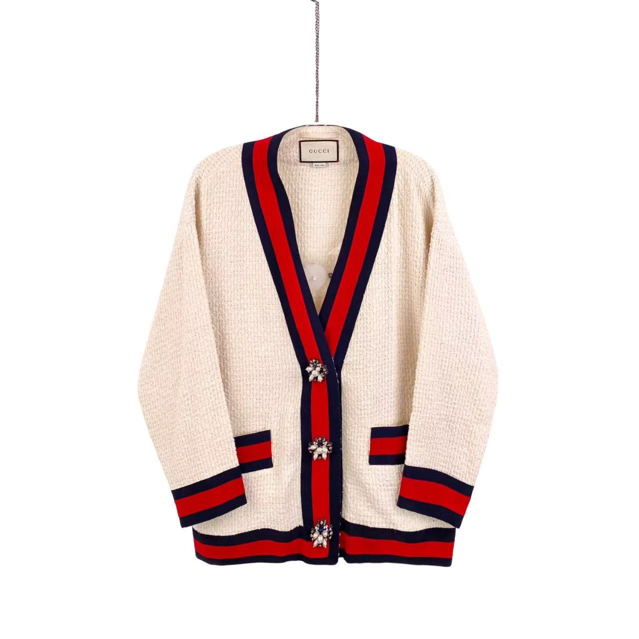 99新 GUCCI/古驰 AA2929 棉 钻扣条纹编织开衫 40码