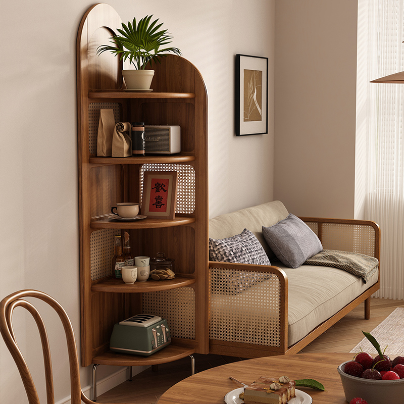 中古实木藤编转角柜客厅家用沙发墙边置物架书柜三拐屏风收纳柜子