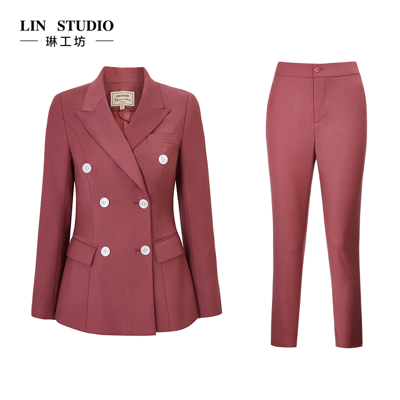 【特殊活动款 不支持退换 西服+裤子】琳工坊绛红色双排扣套装修身