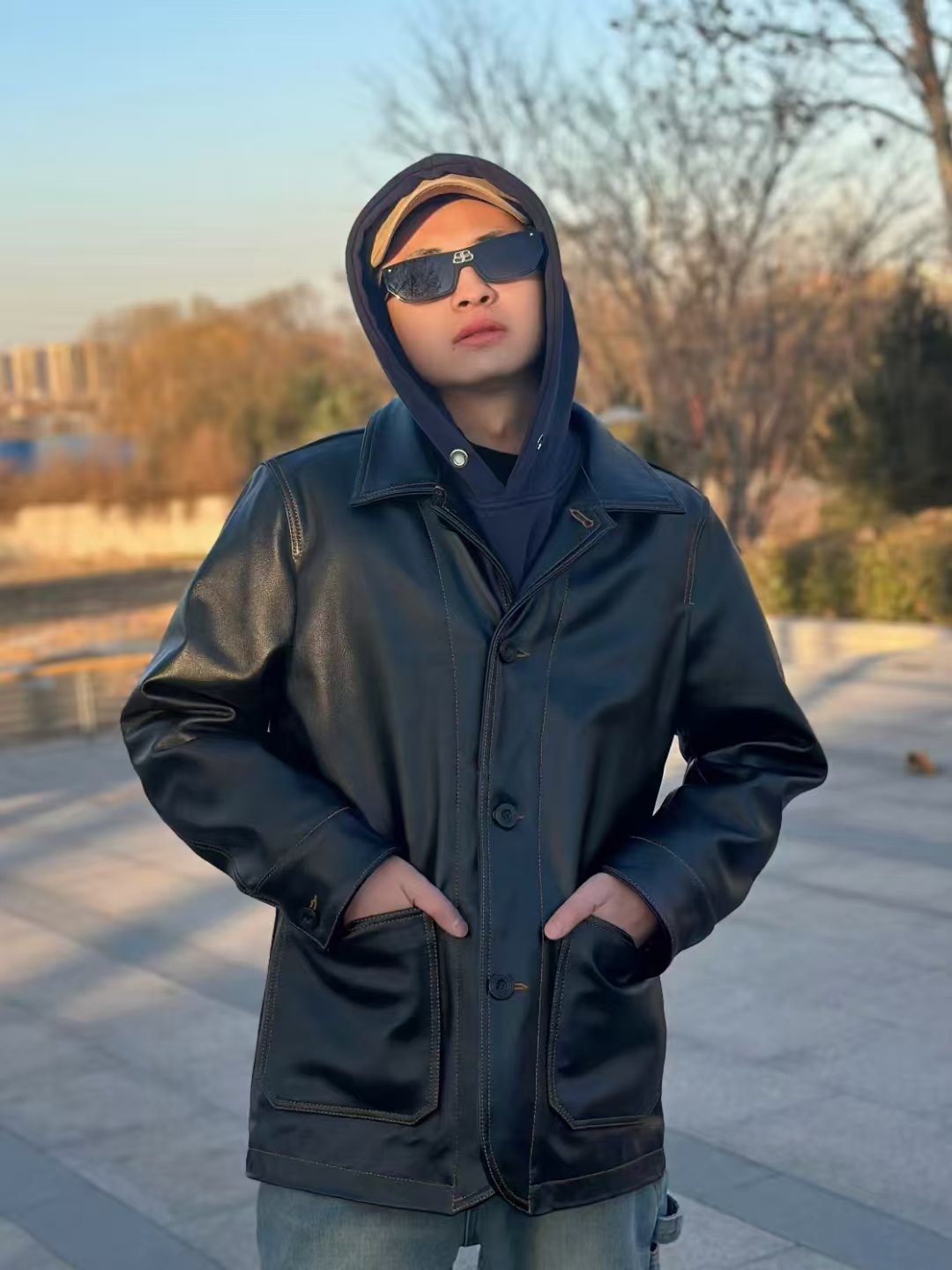 头层牛皮风衣 翻领款 防风帅气百搭 单排扣多口袋-商界大佬风范