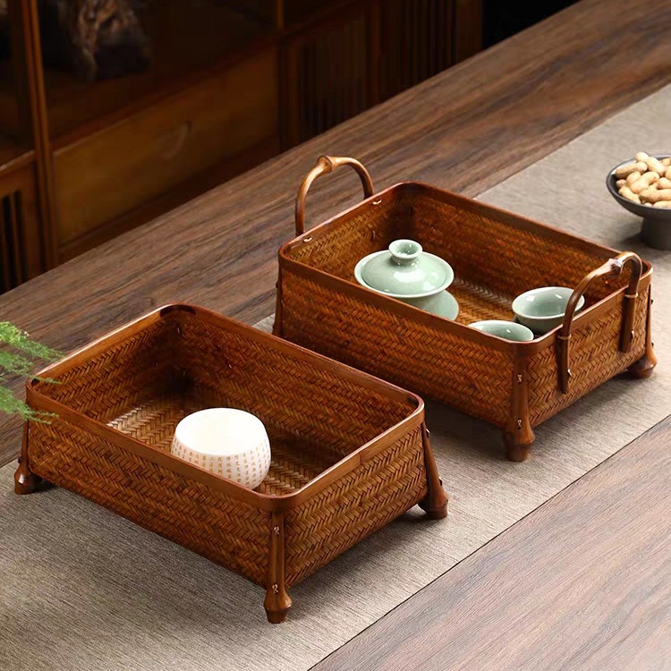大漆竹编筐茶具收纳盒茶几桌面置物复古圆形竹制水果篮