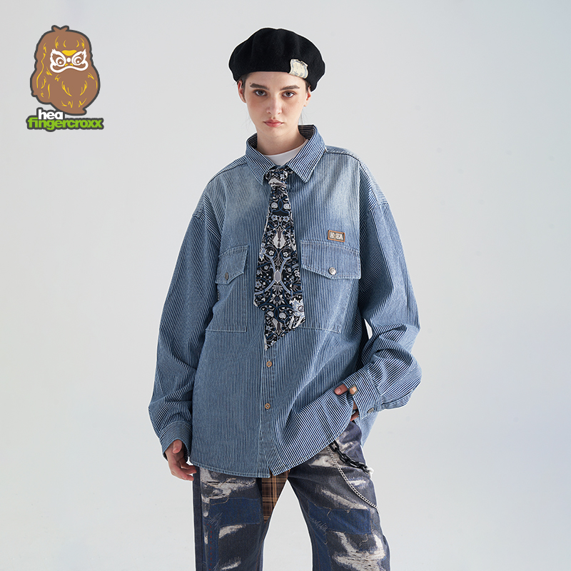 HEA x i.t fingercroxx联名款条纹丹宁水洗牛仔蓝工装风夹克外套