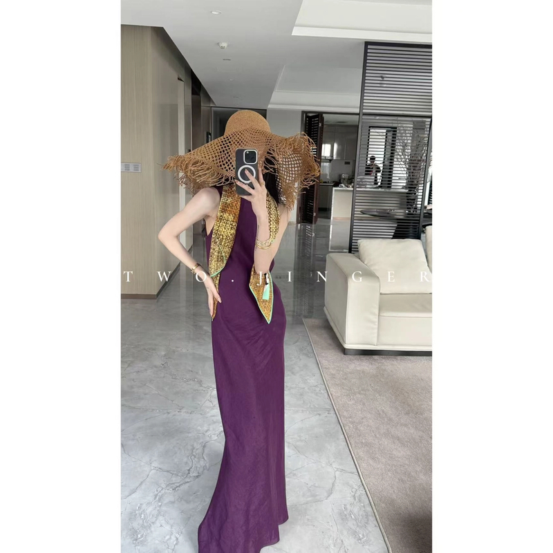 2025NEW//SS极简约静奢（罗曼蒂）进口高奢老钱亚麻连衣裙CX9656