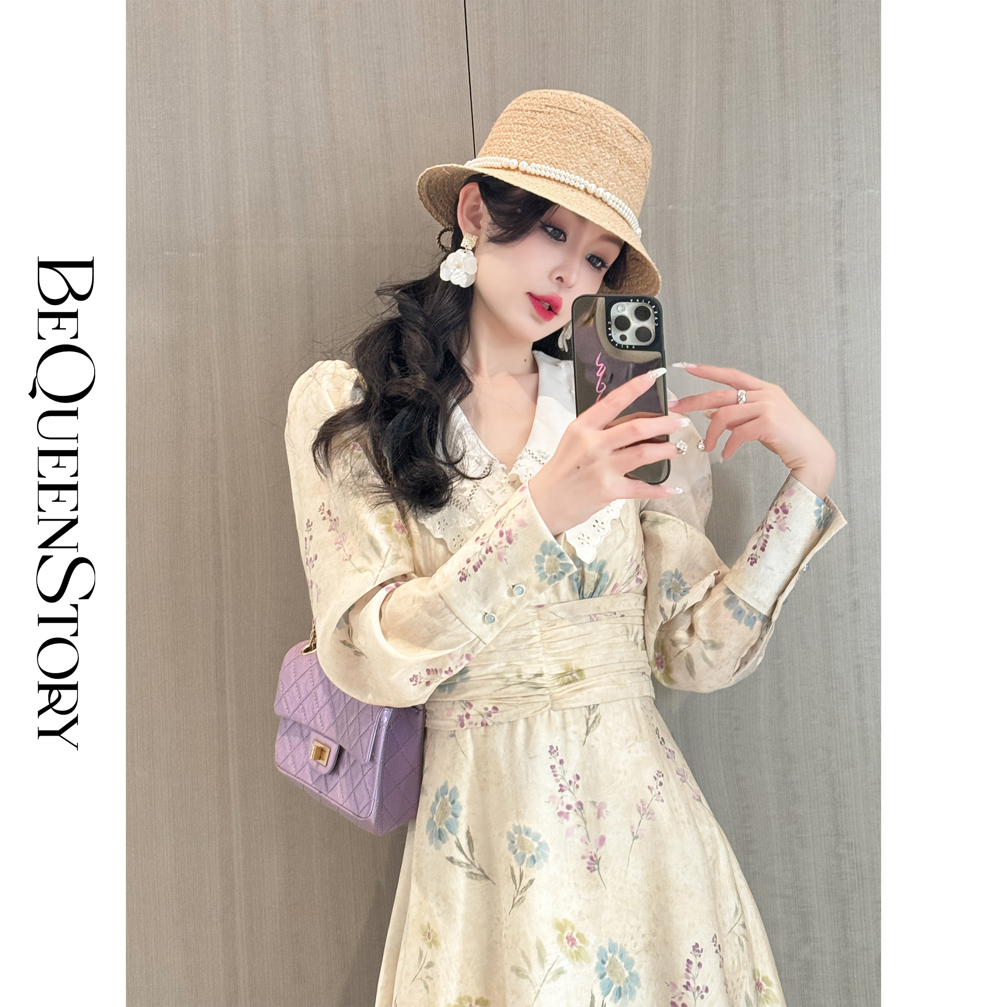 BeQueenStory【宫廷花镜】复古气质钻扣长袖碎花裙小众高级感连衣裙