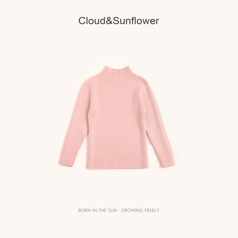 【云朵小葵】女童秋季新款时尚竖条半高领纯色针织百搭毛衣20251