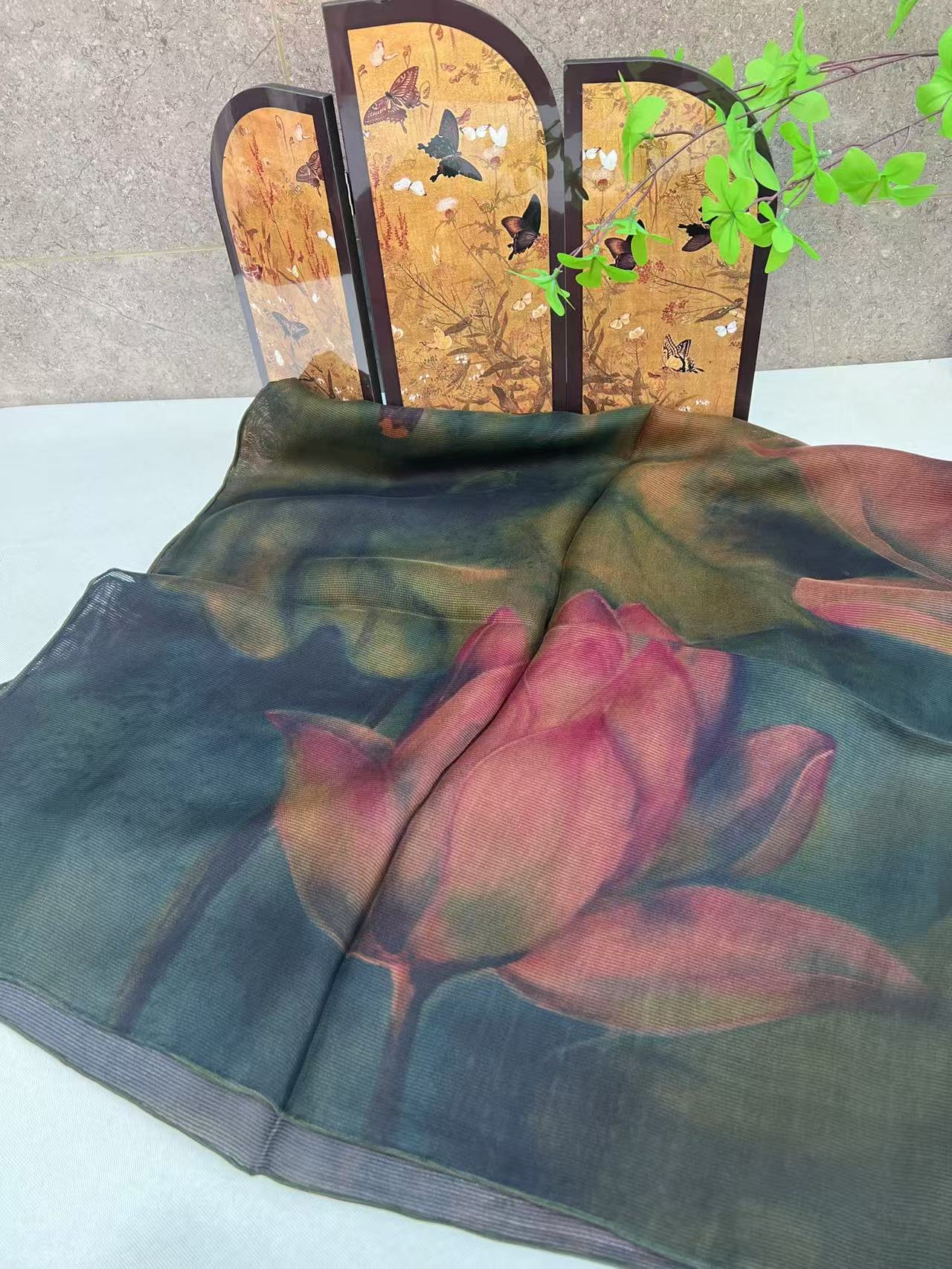  荷塘月色 二经绞莨纱高定桑蚕丝香云纱130*130围巾披肩丝巾方巾
