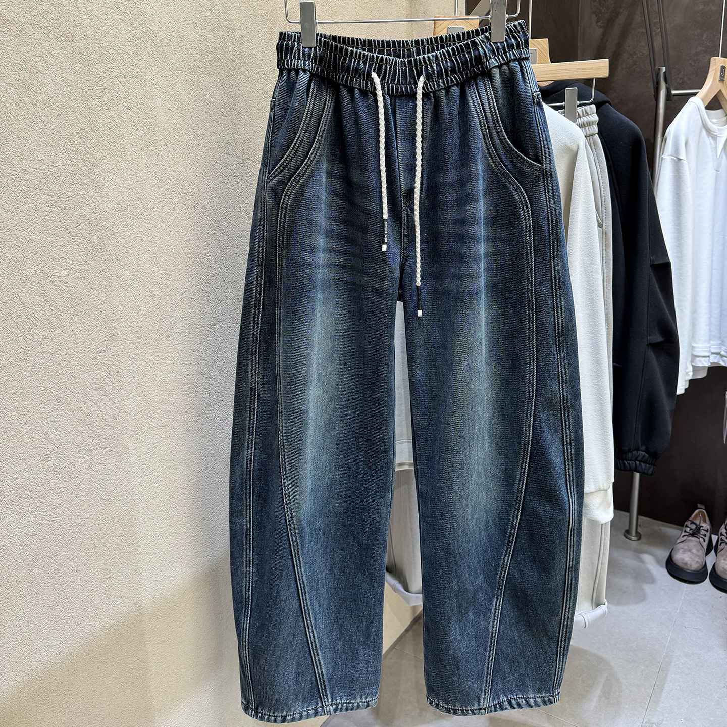 天丝牛仔！弯刀阔腿裤！无di质感 抓绒加厚立裁男宽松牛仔裤3529