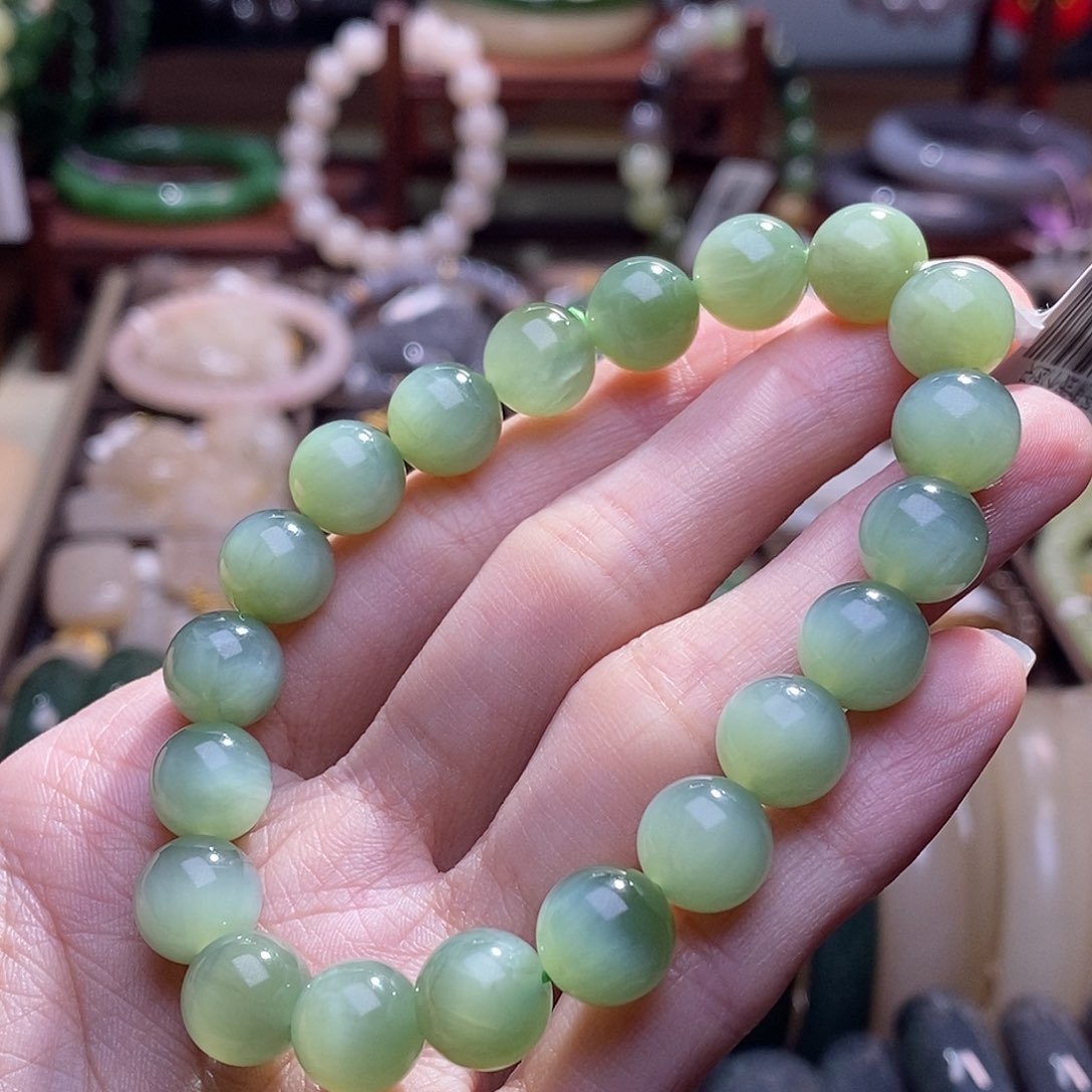 和田玉未镶嵌碧玉猫眼手串9.5MM