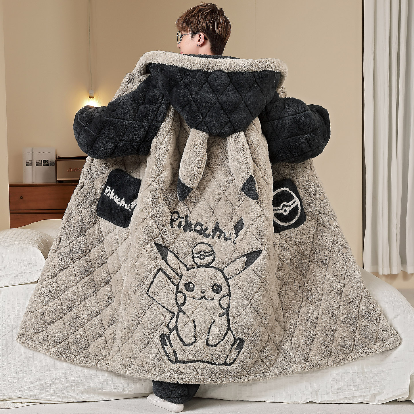 三层夹棉厚款连帽冬季长款男士卡通家居服套装加绒加厚珊瑚绒睡袍