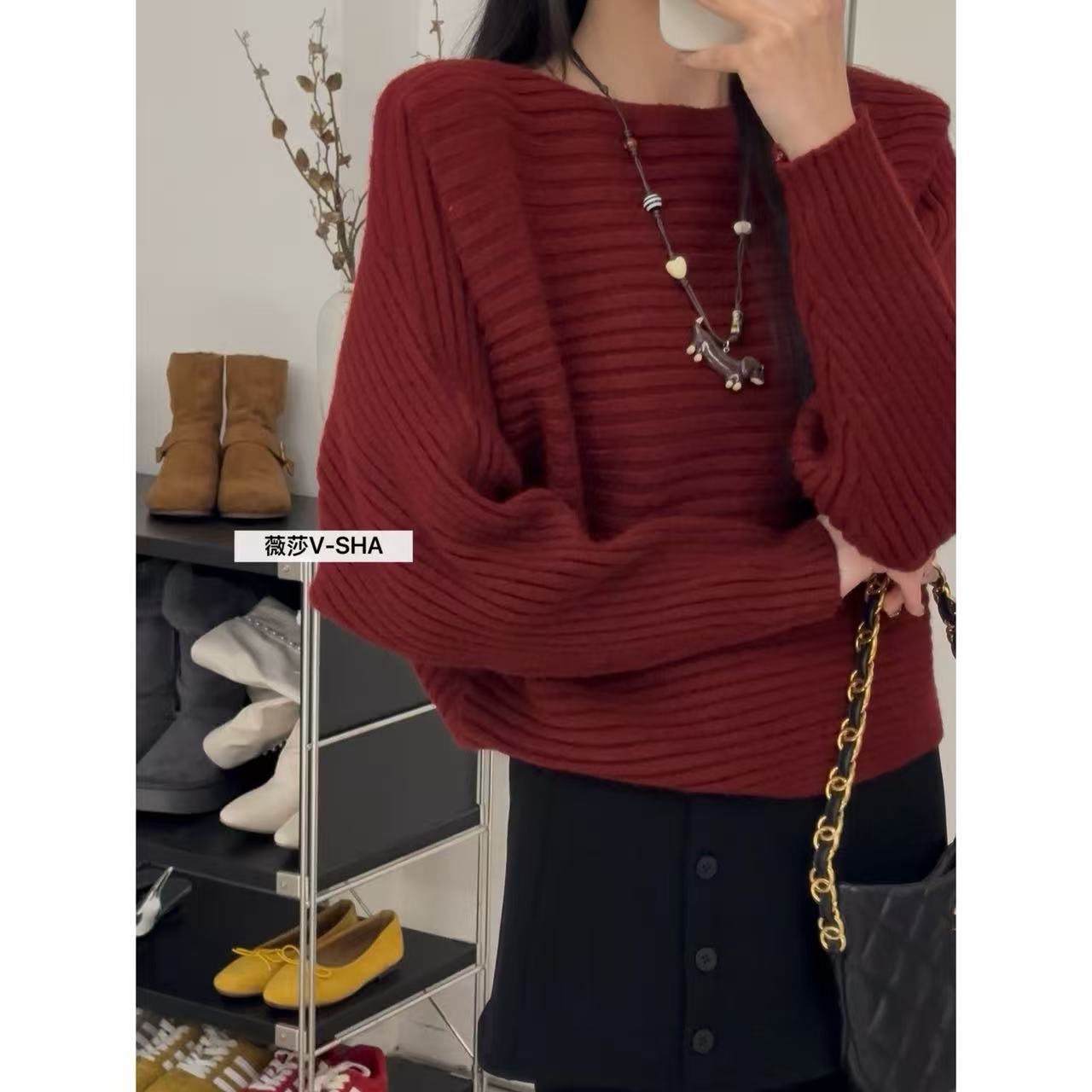 薇莎911韩系设计蝙蝠袖宽松短款套头针织衫毛衣