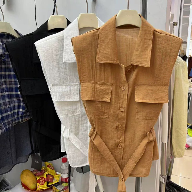 衬衫拼接单排多扣成人夏季法式外套时尚女士韩版条纹衬衫领