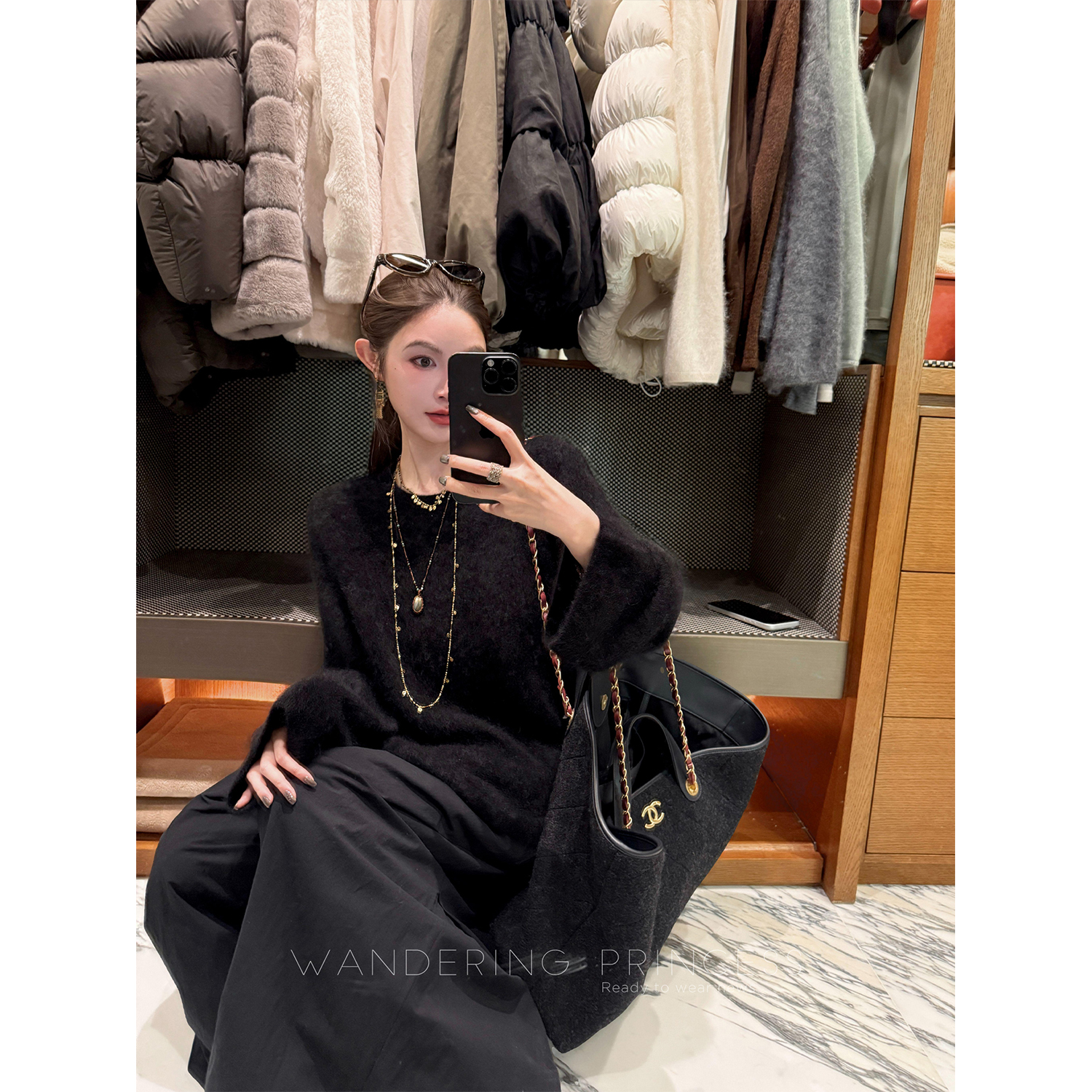 钱美西 康赛妮100山羊绒金字塔级拉绒圆领软糯毛衣羊绒衫宽松上衣