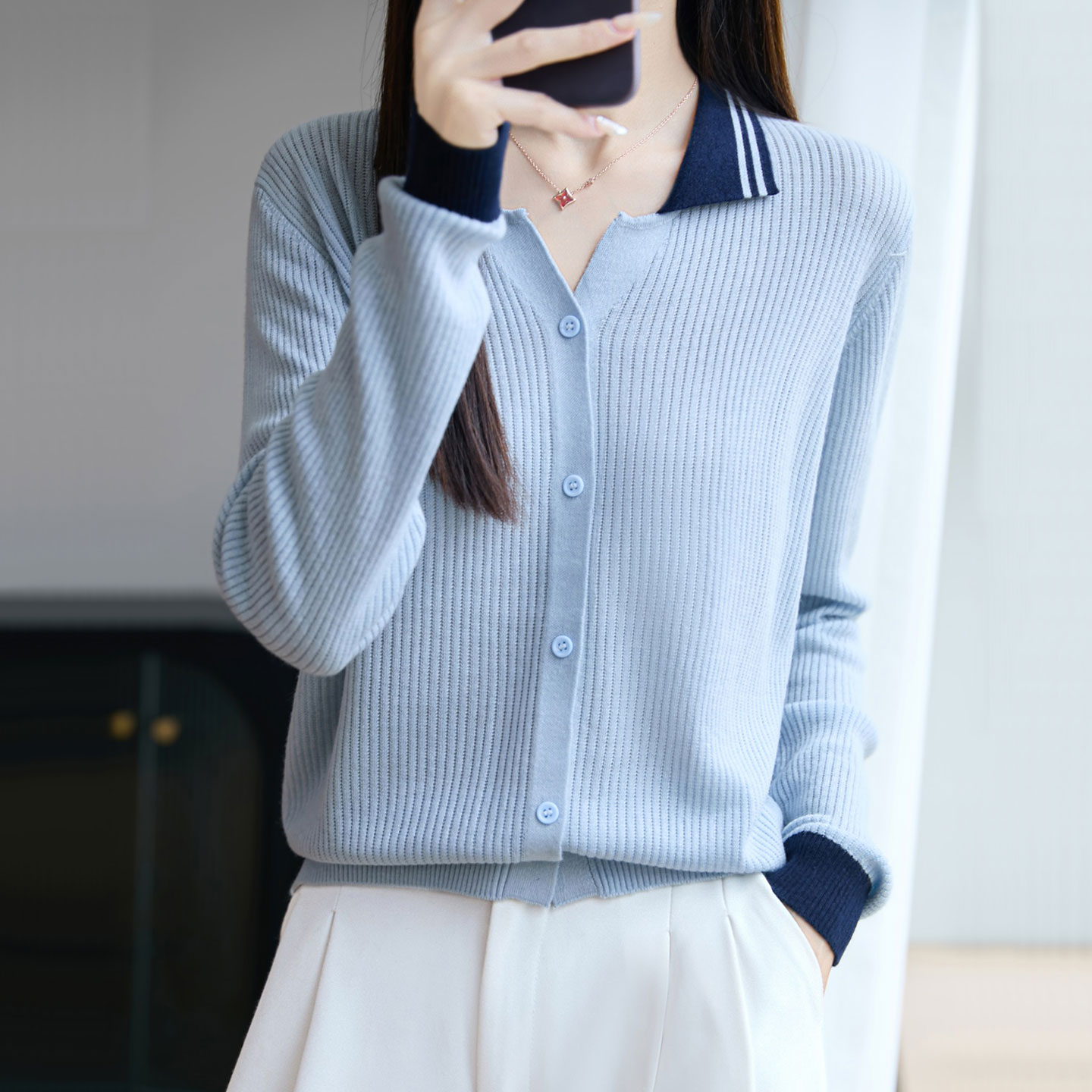 秋季新款撞色翻领时尚羊毛衫女士毛衣宽松百搭洋气针织开衫外套