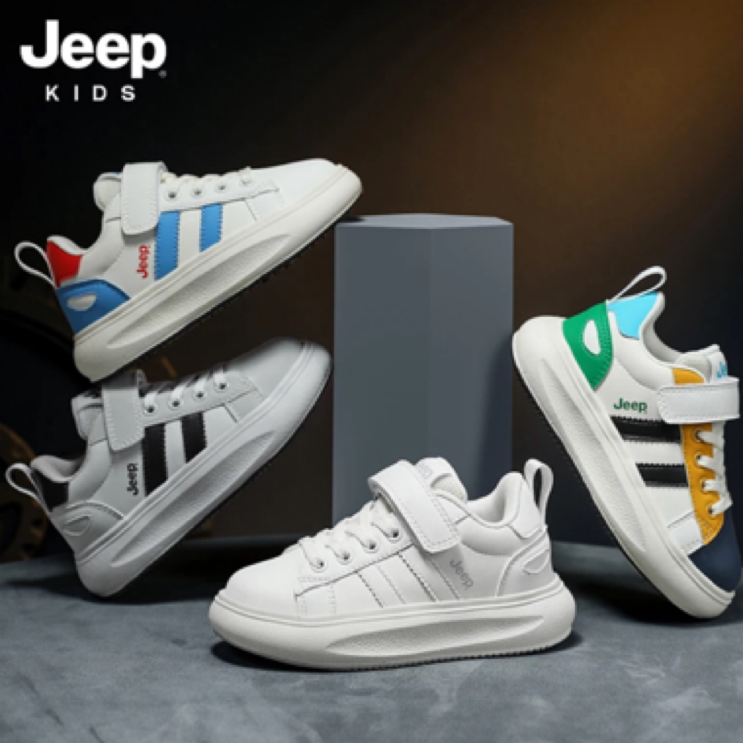 Jeep2025春季男童女童皮面防水高弹减震运动板鞋运动鞋百搭小白鞋