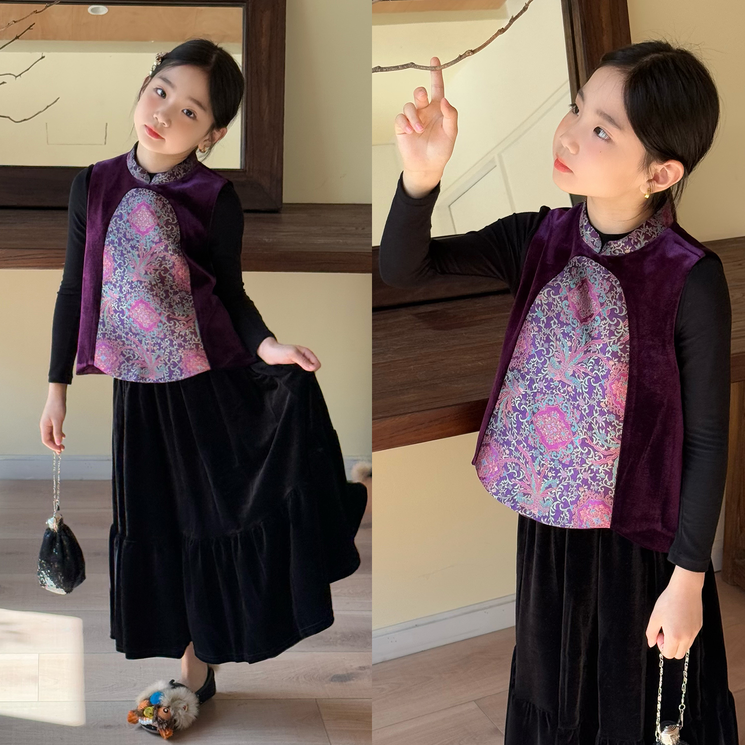 彩虹朵朵女童秋冬新中式国风马甲儿童中大童丝绒蜀锦提花加绒坎肩