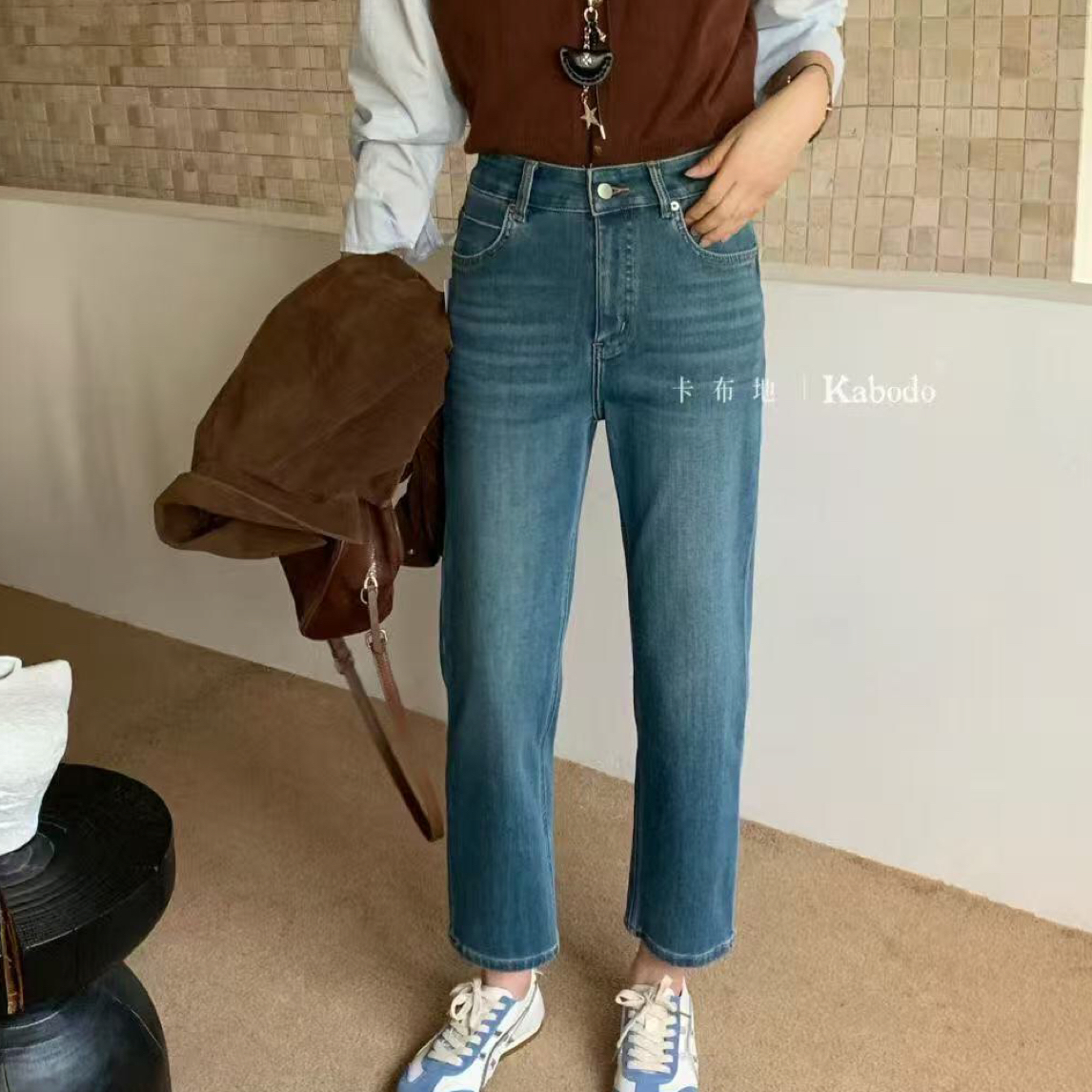 高腰显瘦小个子九分弹力复古烟管牛仔裤