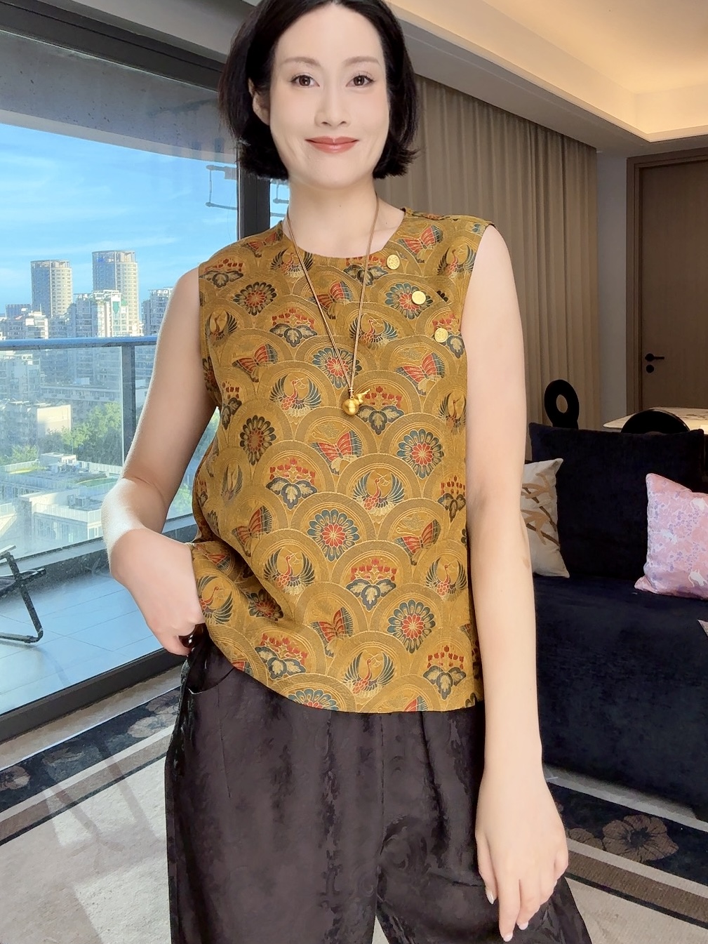 【花间问鹤】新中式夏日真丝织锦缎香云纱马甲提花国风新中式早秋