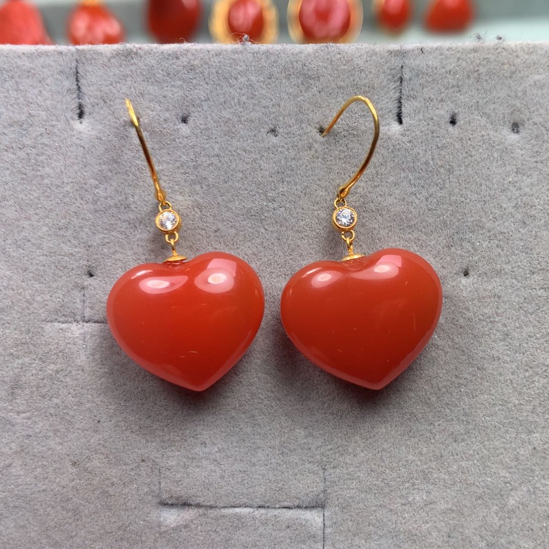 南红玛瑙耳钩18K金镶嵌