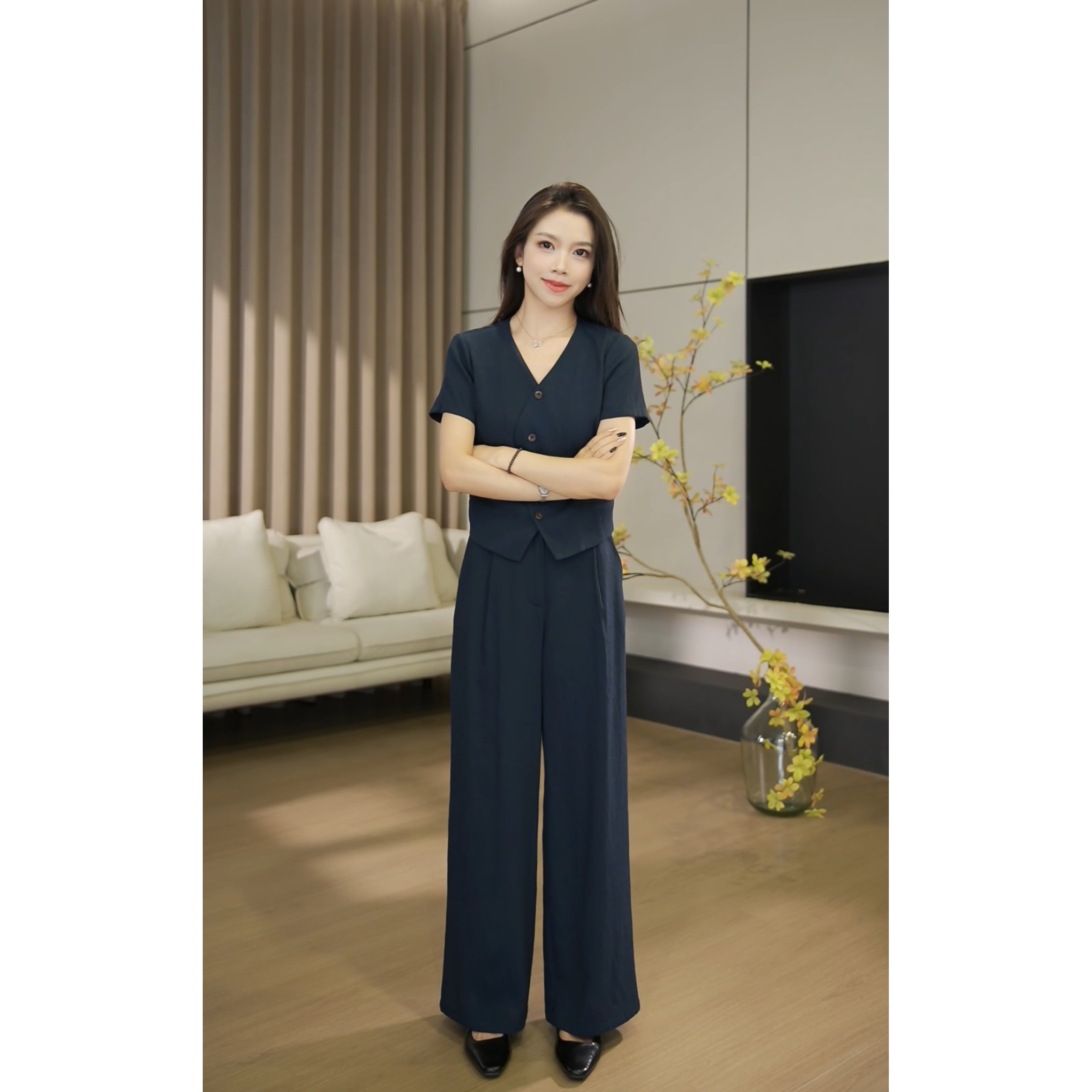 【现货】夏季休闲复古减龄宽松后抽绳子上衣+裤子套装-2262