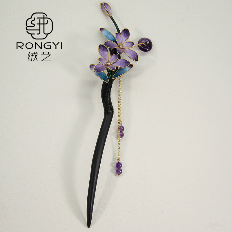 绒艺『木槿』非遗绒花发簪新中式国风发饰汉服流苏头饰复古檀木簪子