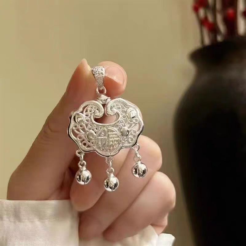 坠链均足银 足银999纯银平安锁福锁如意镂空长命锁大人宝宝项链