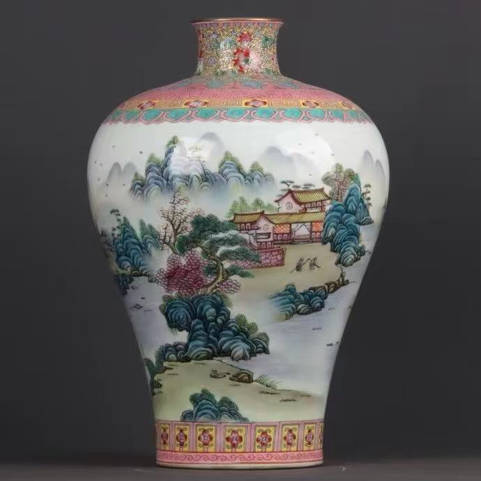 瓷器摆件山水梅瓶插花