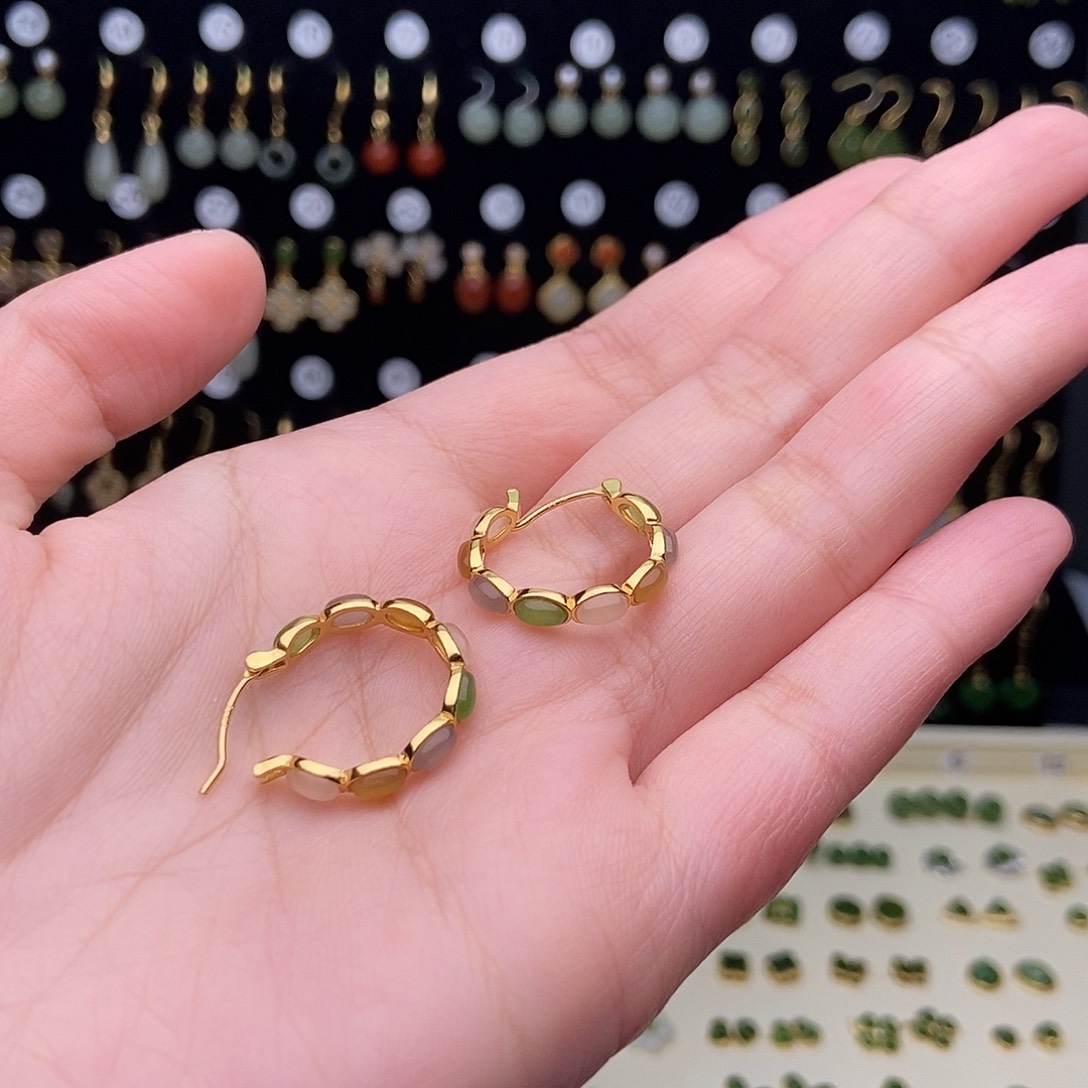 清***月和田玉银S925镀金镶嵌耳饰