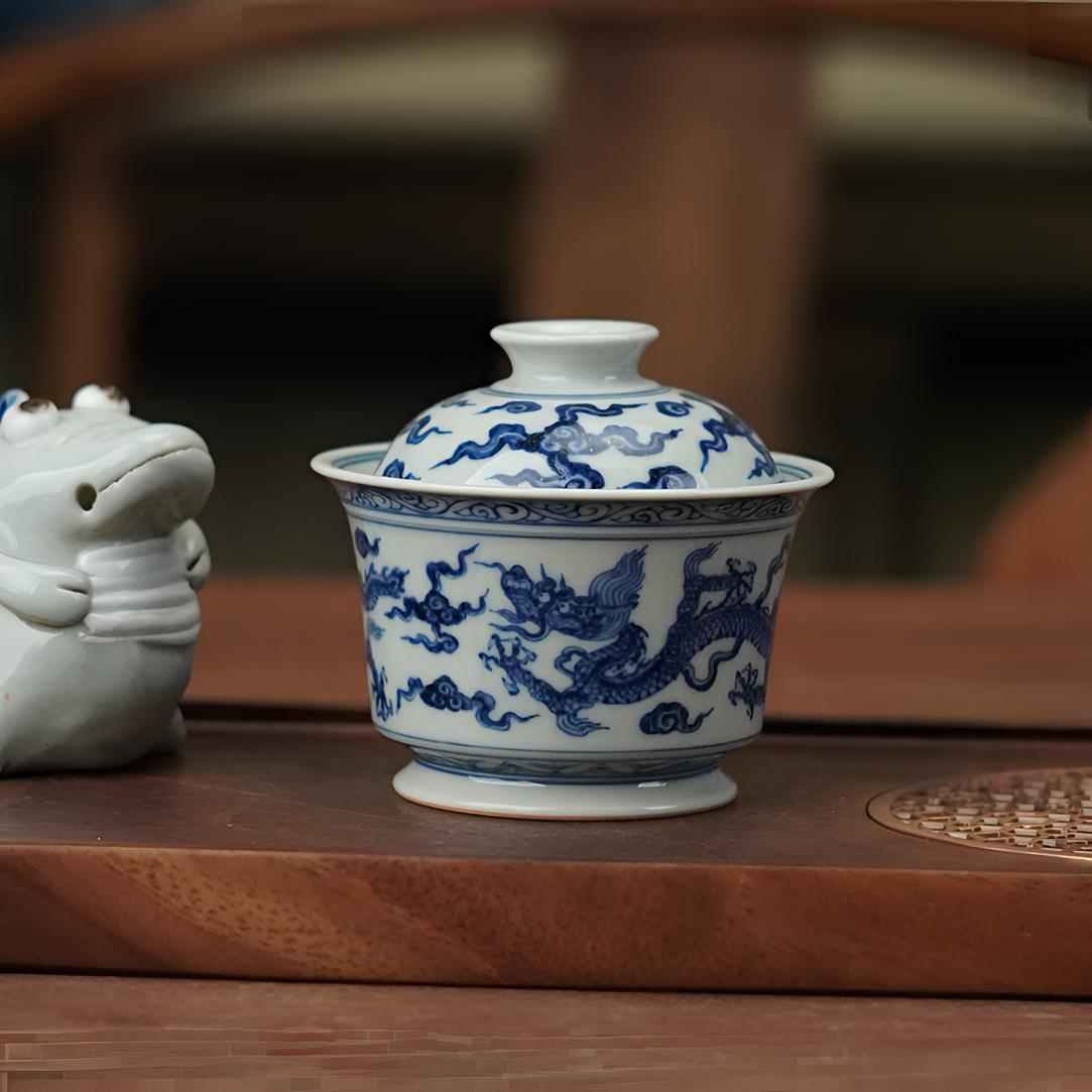 柴窑纯手工手绘青花龙纹盖碗110～120cc