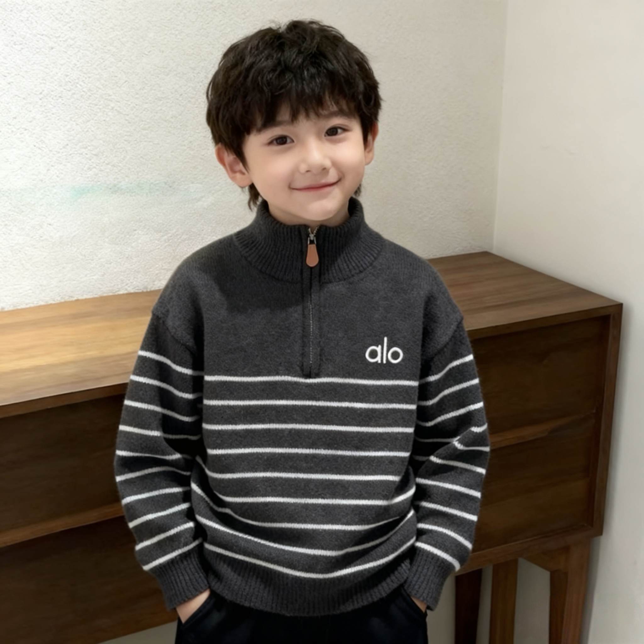男童条纹针织衫不起球保暖毛衣童装新款加绒韩版半高领拉链针织衫