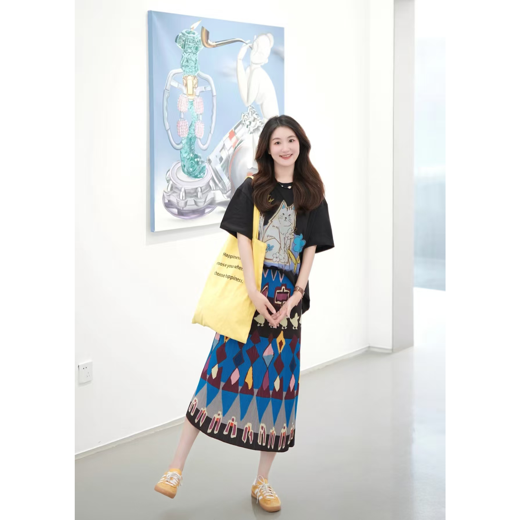 【草丛白猫】夏日绝美套装穿搭洋气减龄个子宽松显瘦印花t恤百褶裙