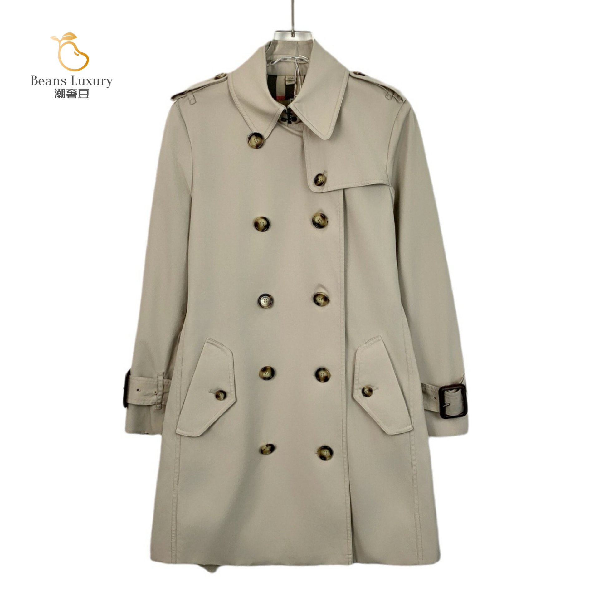 95新 BURBERRY/博柏利 潮奢豆 严选/卡其色翻领双排扣风衣/H13090